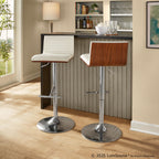 Mason Adjustable Barstool - Set of 2 - Chrome Metal, Walnut Wood, White PU