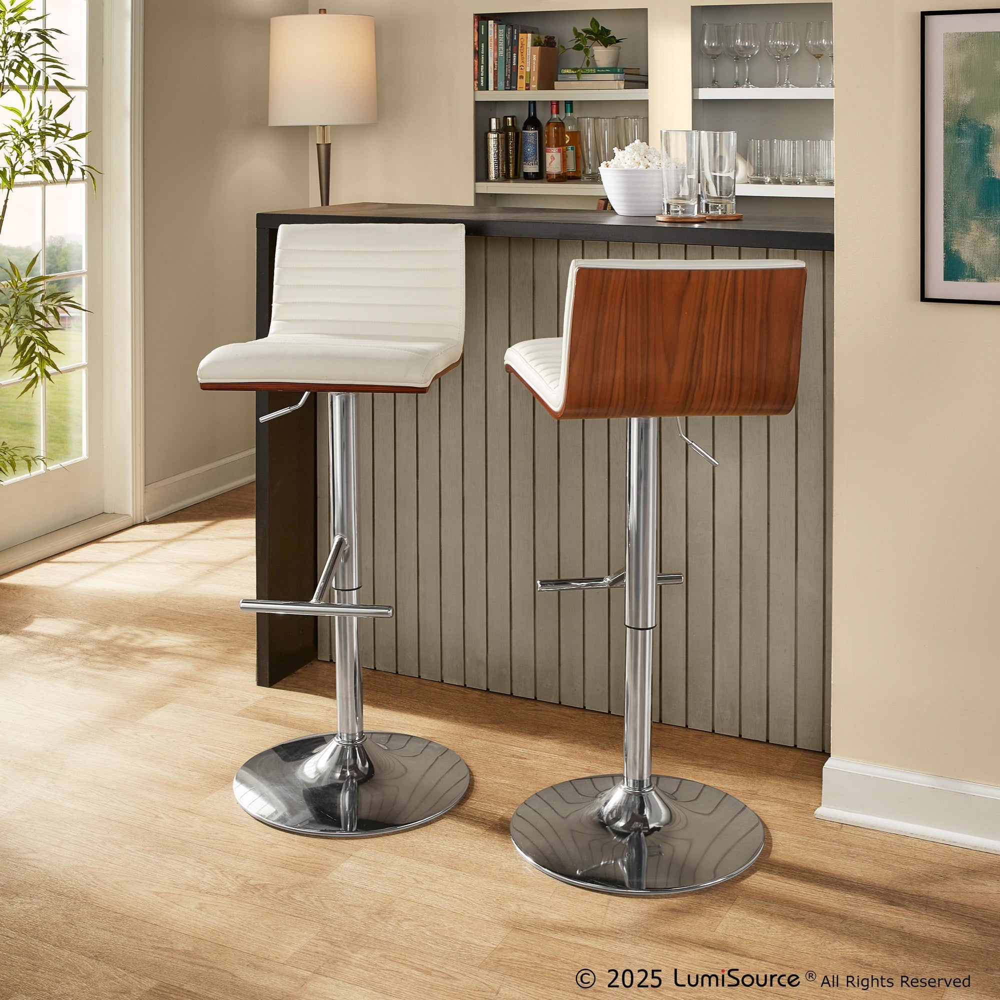 Mason Adjustable Barstool - Set of 2 - Chrome Metal, Walnut Wood, White PU