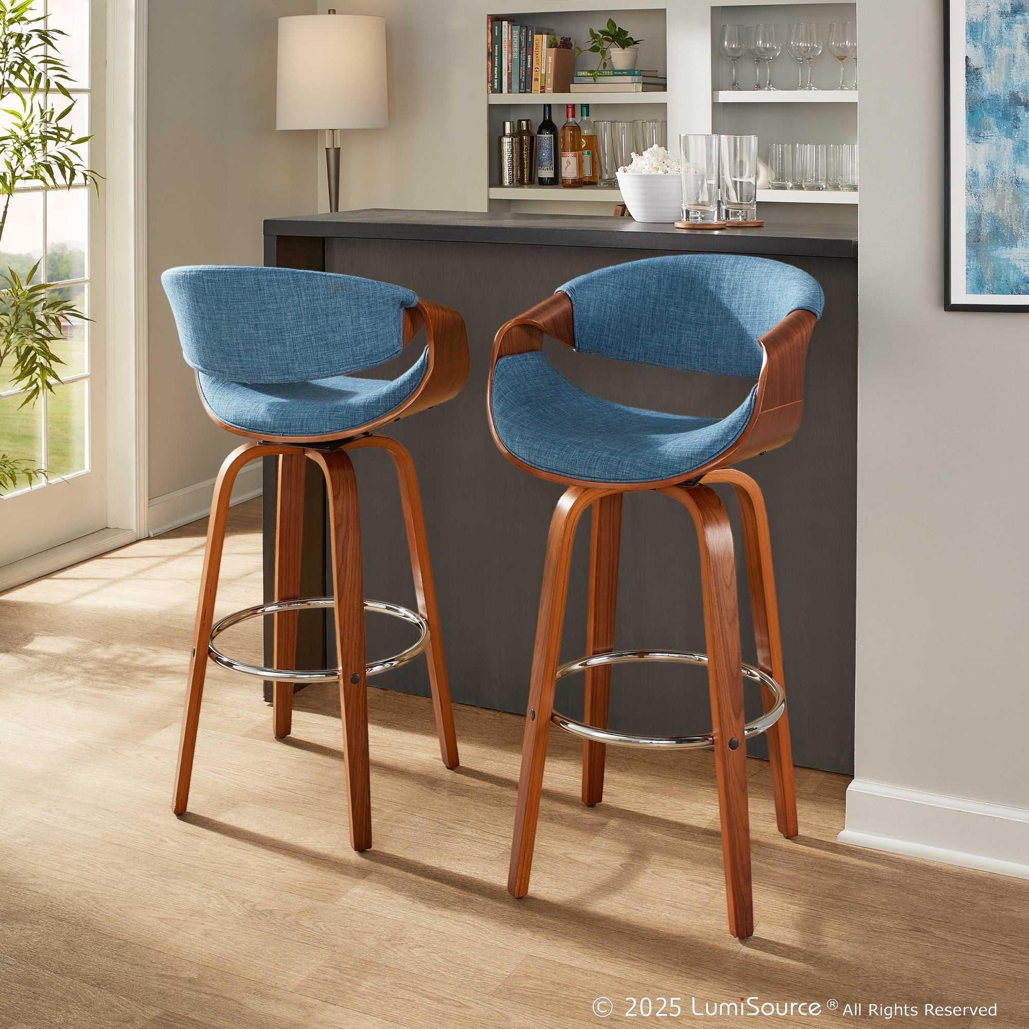 Curvini 30'' Fixed-Height Barstool - Set of 2 - Walnut Wood, Blue Fabric, Chrome