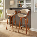 Curvini 30'' Fixed-Height Barstool - Set of 2 - Walnut Wood, Cream Fabric, Chrome