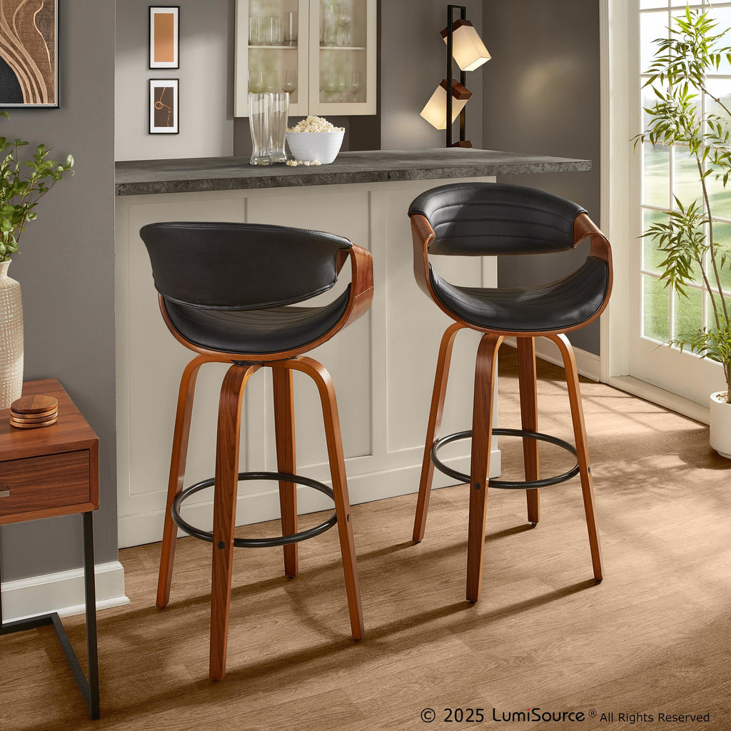 Symphony 30" Fixed-Height Barstool - Set of 2 - Black Metal, Walnut Wood, Black PU