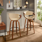 Symphony 30" Fixed-Height Barstool - Set of 2 - Walnut Wood, Black Metal, Cream PU