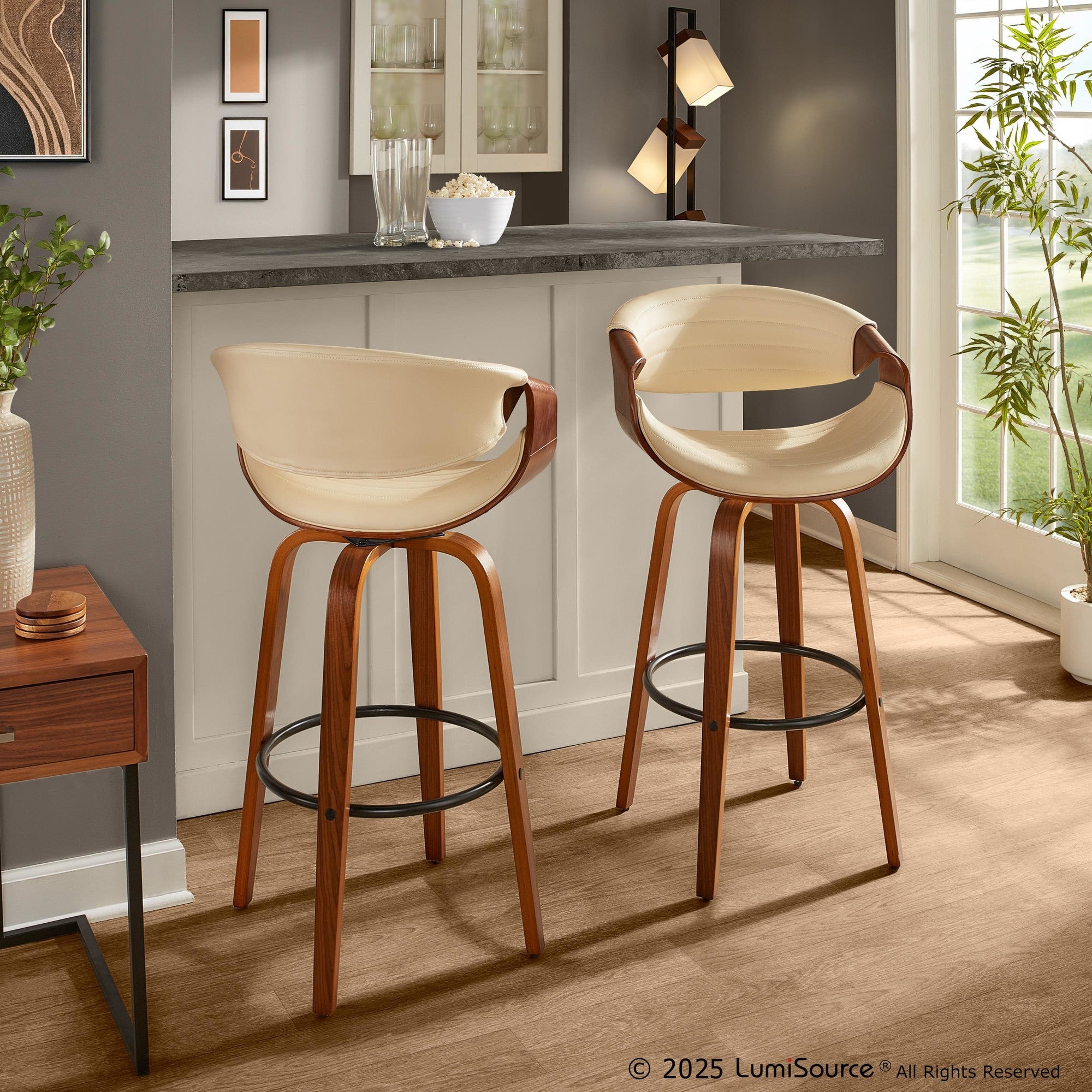 Symphony 30" Fixed-Height Barstool - Set of 2 - Walnut Wood, Black Metal, Cream PU