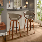 Symphony 30" Fixed-Height Barstool - Set of 2 - Walnut Wood, Black Metal, Pewter Grey PU