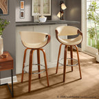 Symphony 30" Fixed-Height Barstool - Set of 2 - Walnut Wood, Chrome Metal, Cream PU