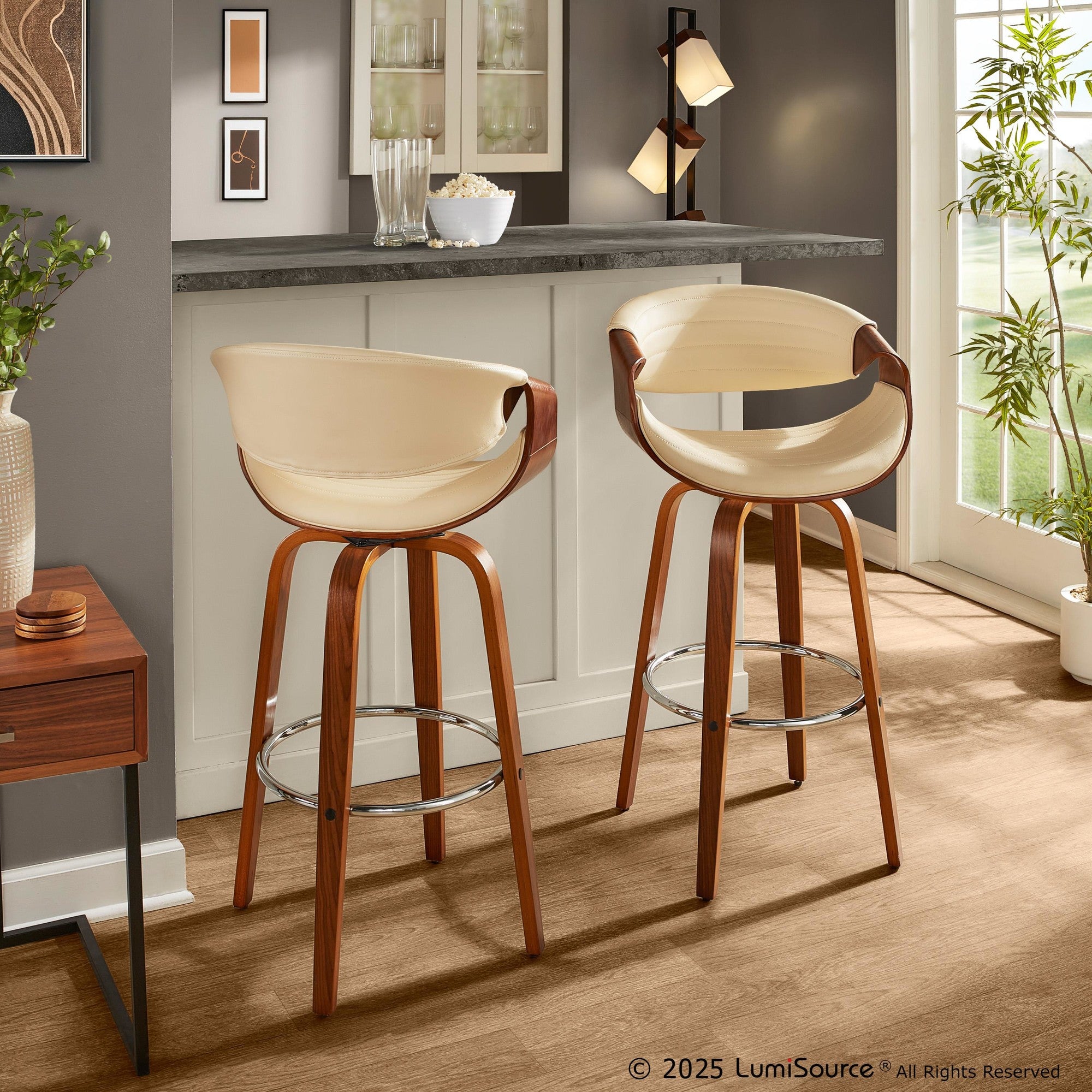 Symphony 30" Fixed-Height Barstool - Set of 2 - Walnut Wood, Chrome Metal, Cream PU
