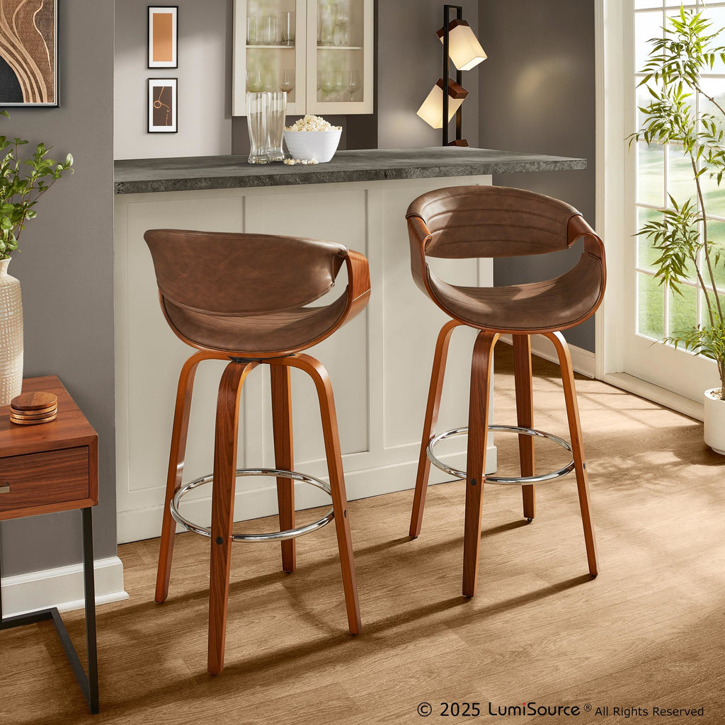 Symphony 30" Fixed-Height Barstool - Set of 2 - Walnut Wood, Chrome Metal, Espresso PU