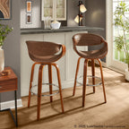 Symphony 30" Fixed-Height Barstool - Set of 2 - Walnut Wood, Chrome Metal, Espresso PU