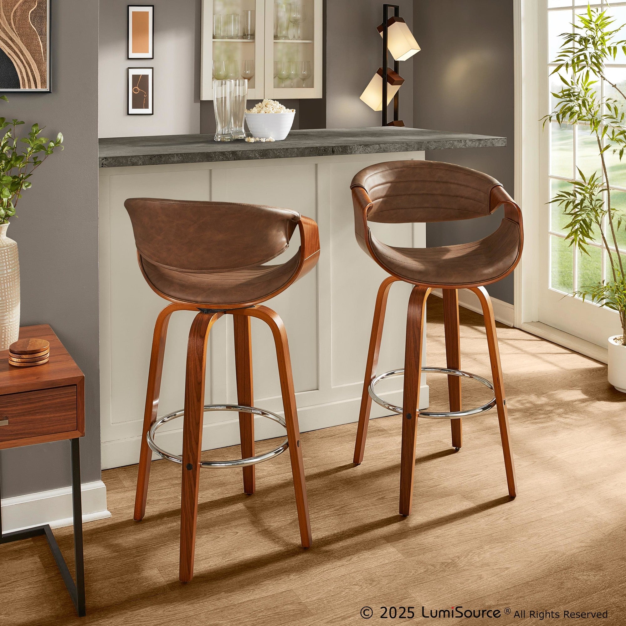 Symphony 30" Fixed-Height Barstool - Set of 2 - Walnut Wood, Chrome Metal, Espresso PU