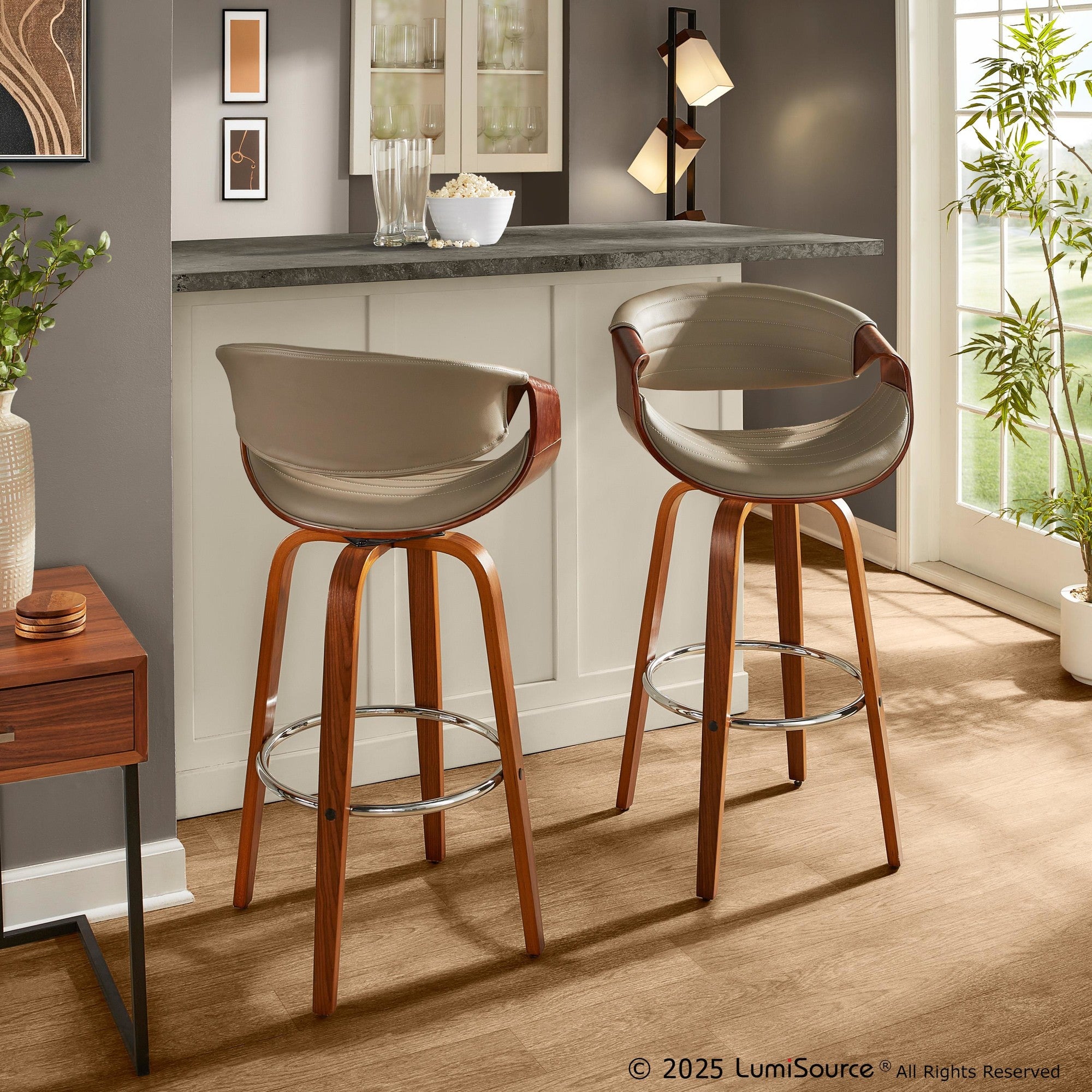 Symphony 30" Fixed-Height Barstool - Set of 2 - Walnut Wood, Chrome Metal, Grey PU