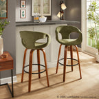 Curva 30" Fixed-Height Barstool - Set of 2 - Walnut Wood, Green Fabric, Black Metal