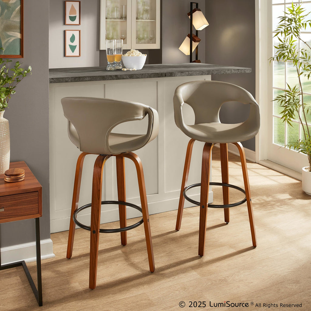 Curva 30" Fixed-Height Barstool - Set of 2 - Walnut Wood, Light Grey PU, Black Metal