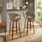 Curva 30" Fixed-Height Barstool - Set of 2 - Walnut Wood, Light Grey PU, Black Metal