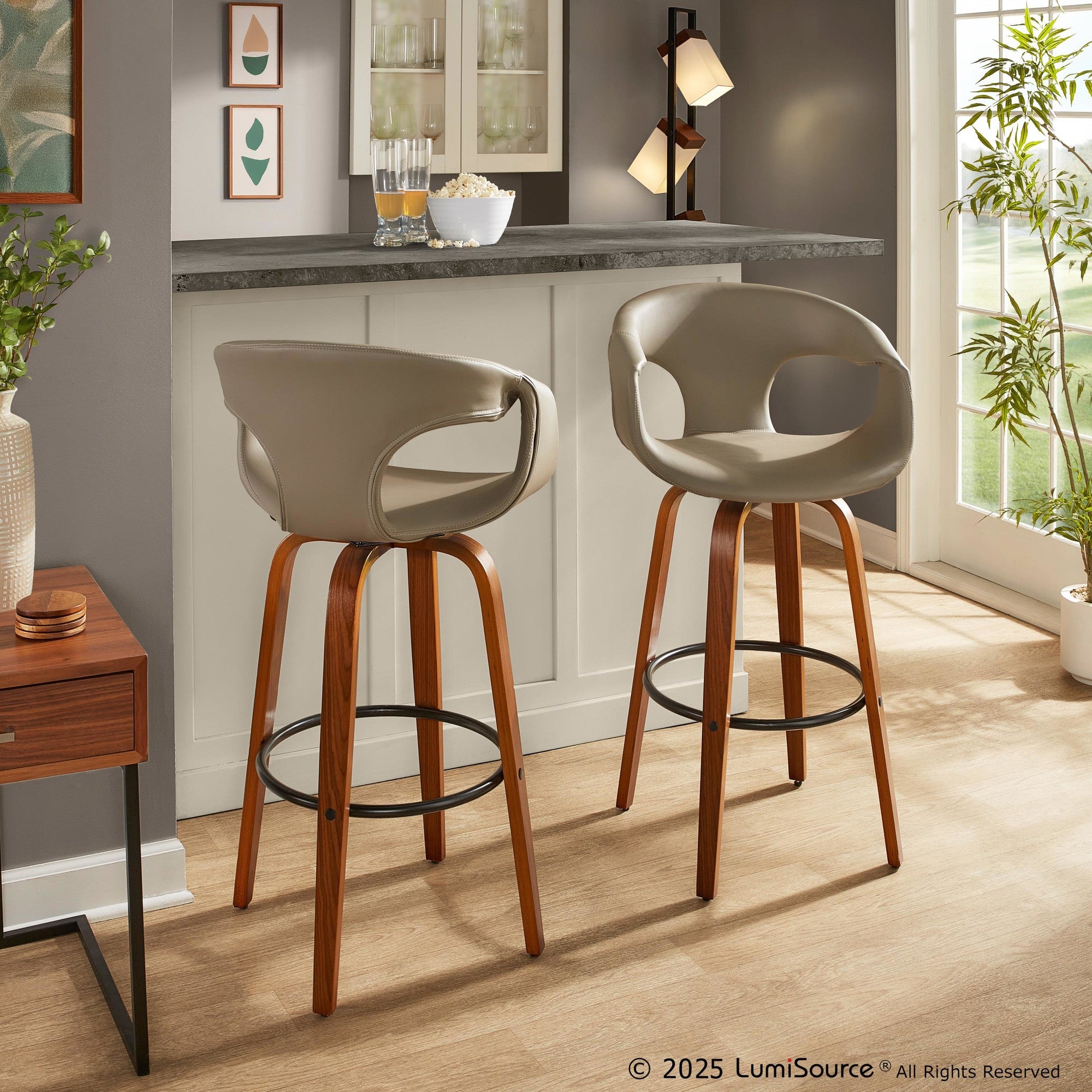Curva 30" Fixed-Height Barstool - Set of 2 - Walnut Wood, Light Grey PU, Black Metal