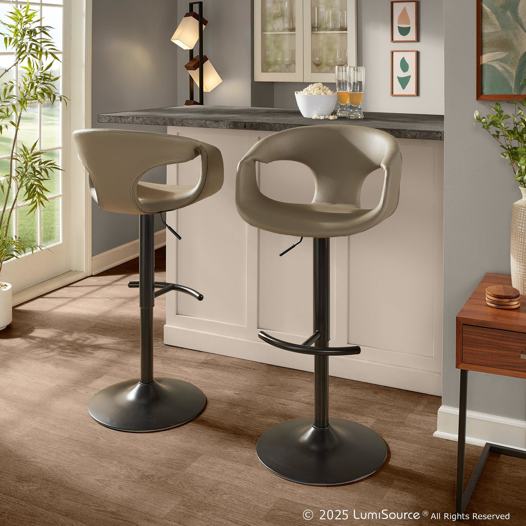 Curva Adjustable Barstool - Set of 2 - Black Metal, Light Grey PU