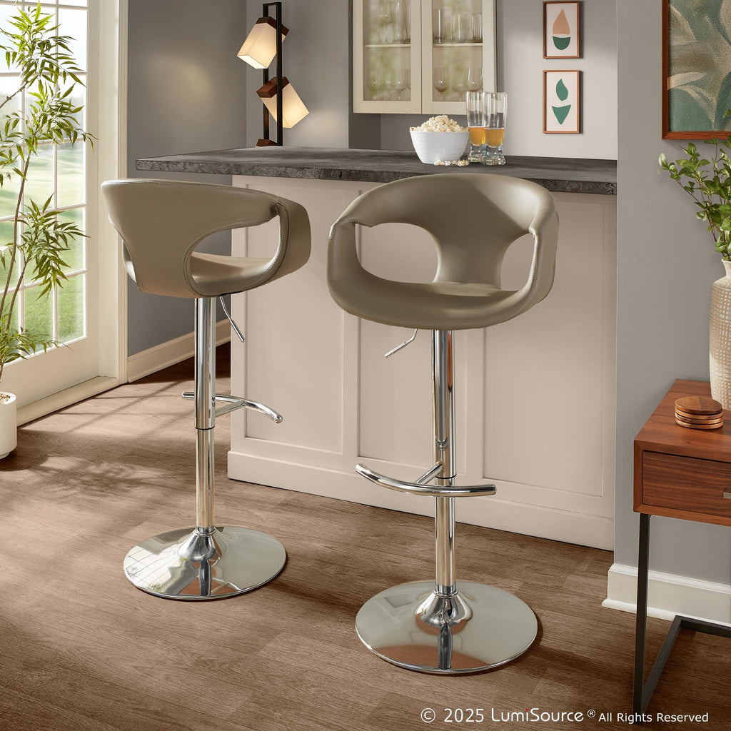 Curva Adjustable Barstool - Set of 2 - Chrome Metal, Light Grey PU