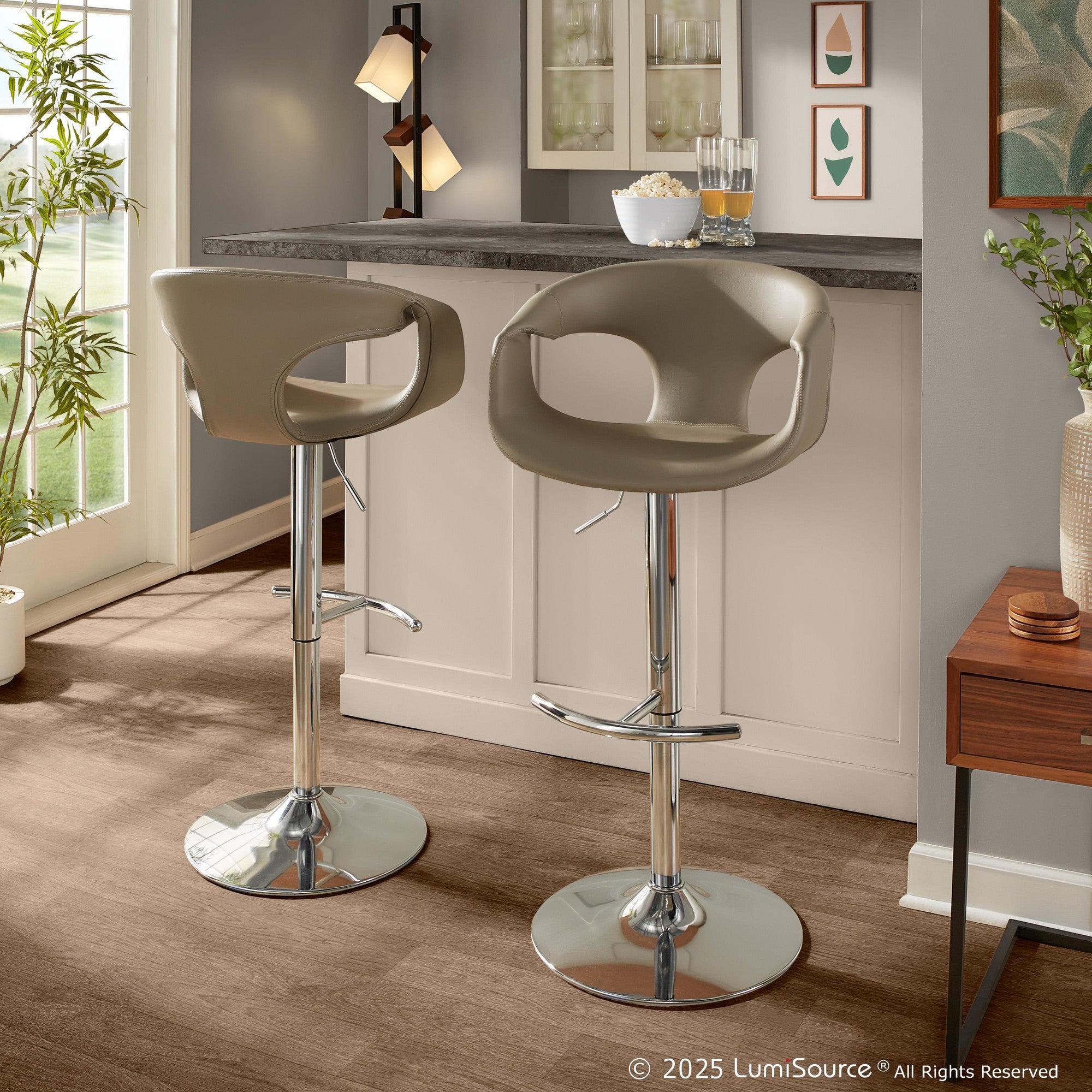 Curva Adjustable Barstool - Set of 2 - Chrome Metal, Light Grey PU
