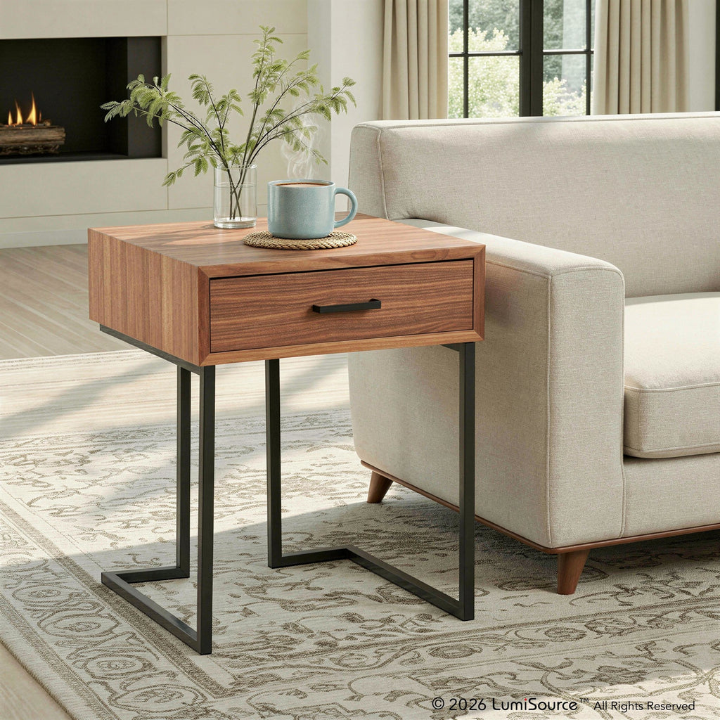 Roman End Table - Black Metal, Walnut Wood