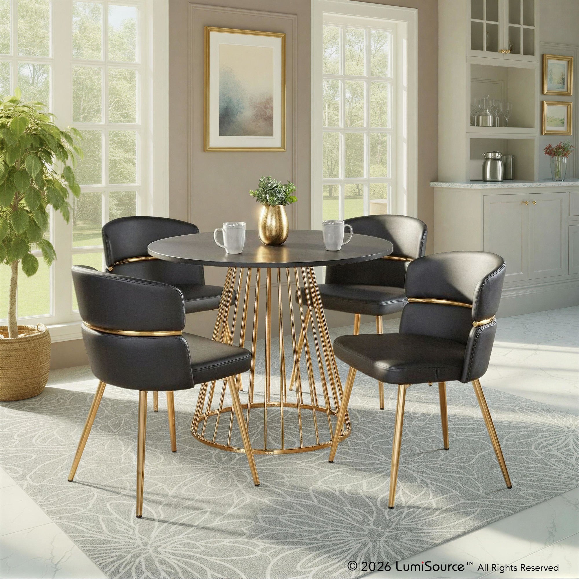 Canary-cinch Dining Set - 5 Piece - Gold Metal, Black MDF, Black PU