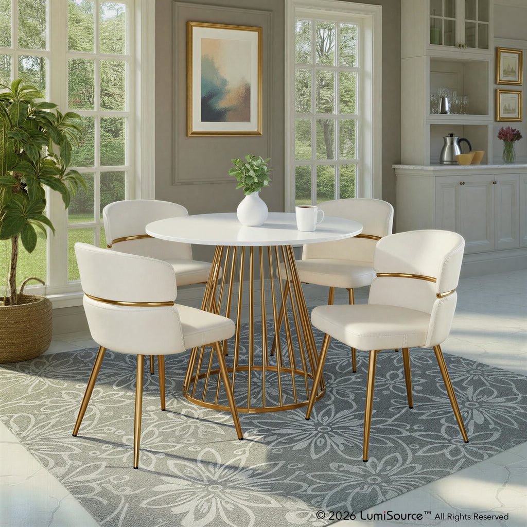 Canary-cinch Dining Set - 5 Piece - Gold Metal, White MDF, White PU