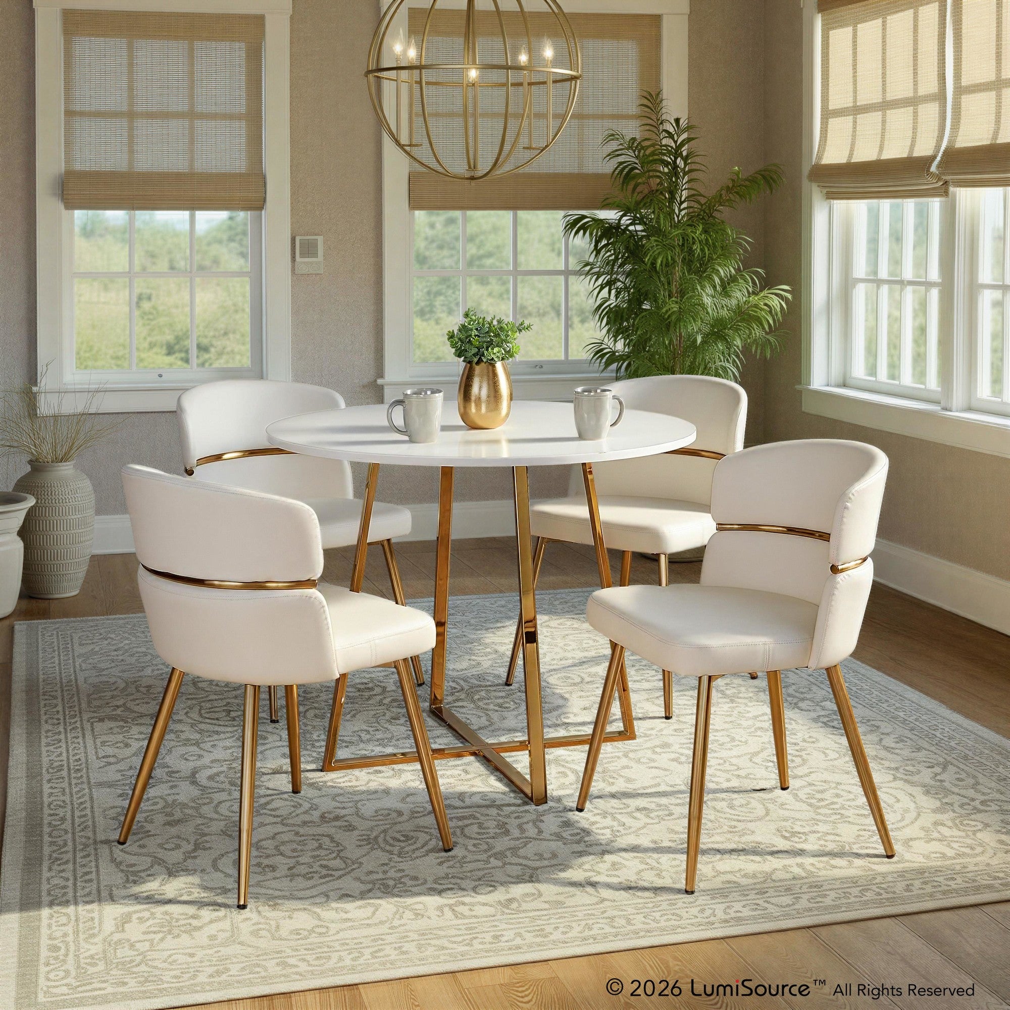 Cosmo-cinch Dining Set - 5 Piece - Gold Metal, White MDF, White PU