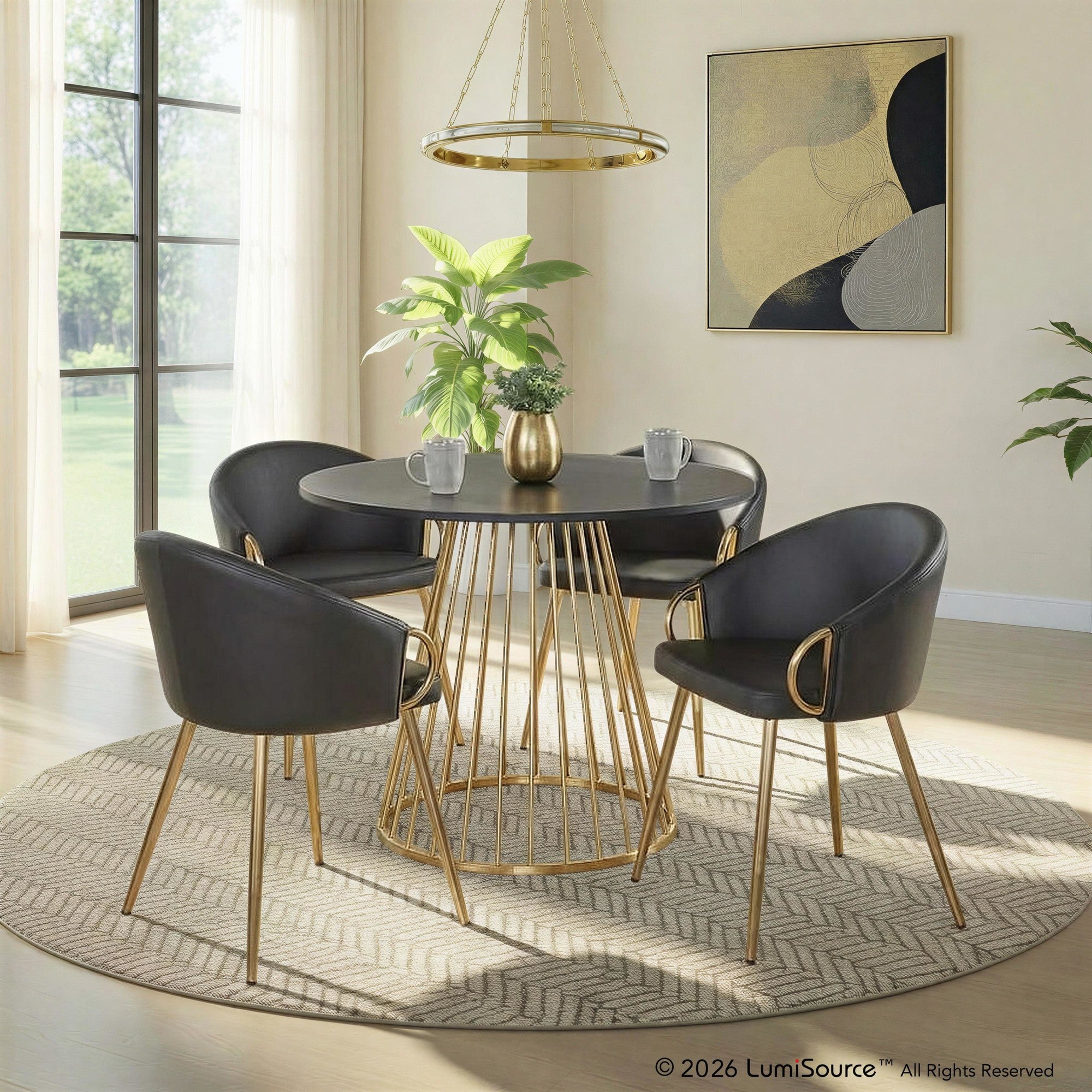 Canary-claire Dining Set - 5 Piece - Gold Metal, Black MDF, Black PU