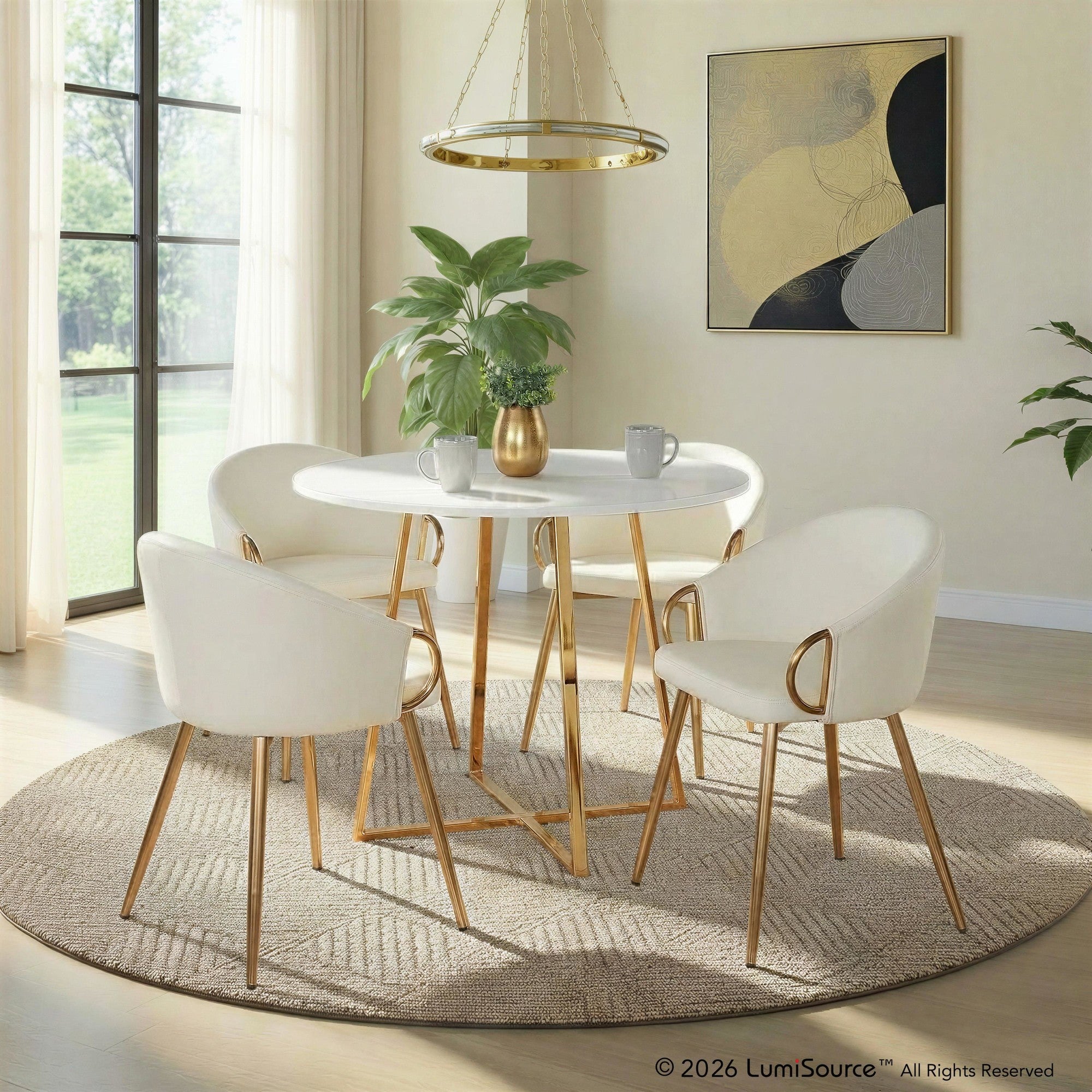 Cosmo-claire Dining Set - 5 Piece - Gold Metal, White MDF, White PU