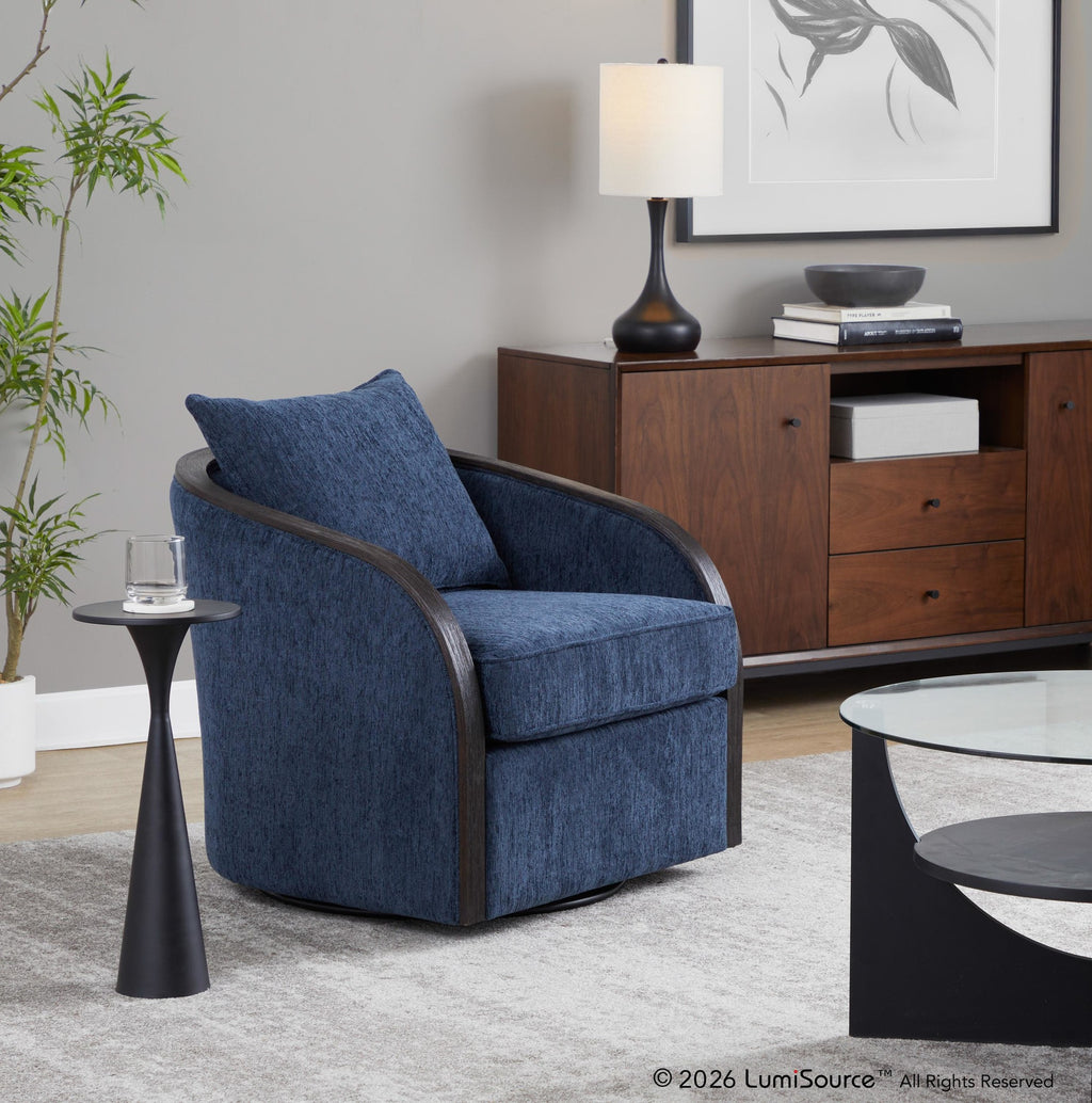 Gemma Swivel Accent Chair - Blue Indigo Fabric, Espresso Wood