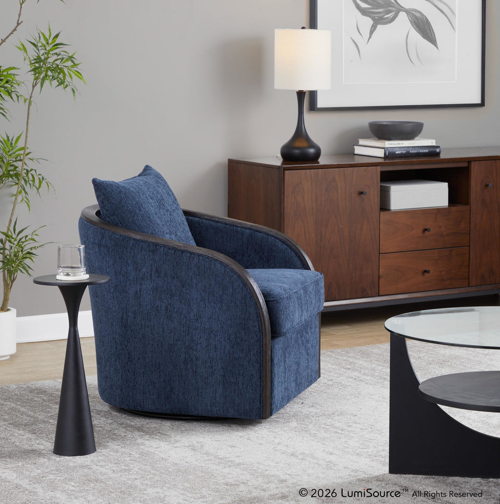 Gemma Swivel Accent Chair - Blue Indigo Fabric, Espresso Wood
