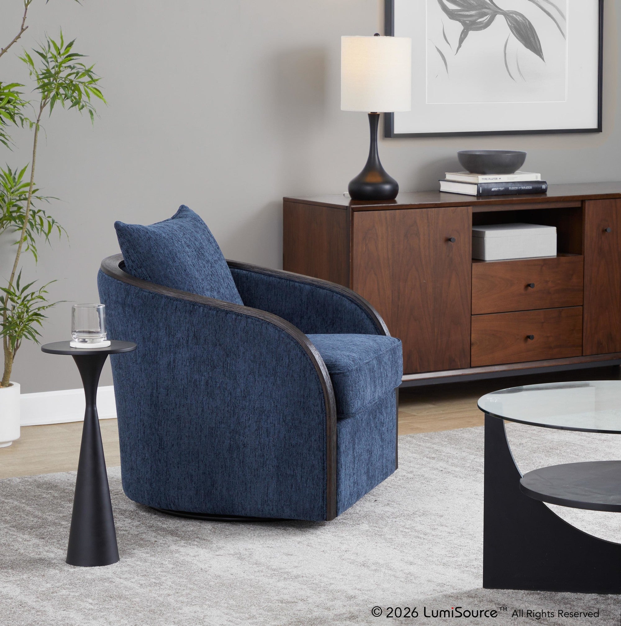 Gemma Swivel Accent Chair - Blue Indigo Fabric, Espresso Wood