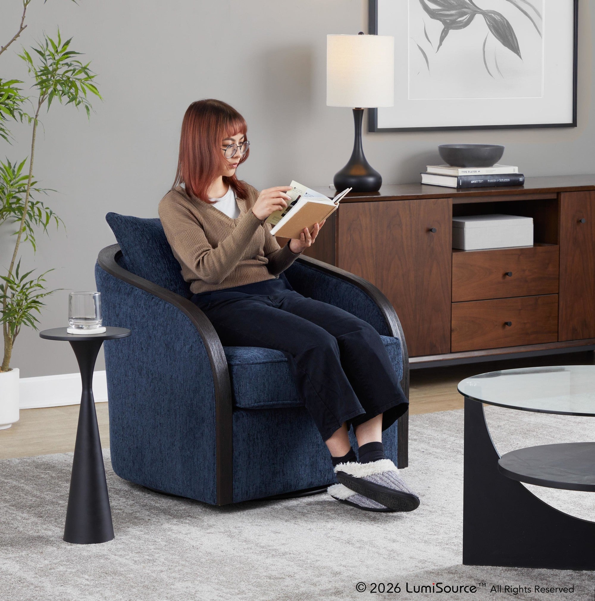 Gemma Swivel Accent Chair - Blue Indigo Fabric, Espresso Wood