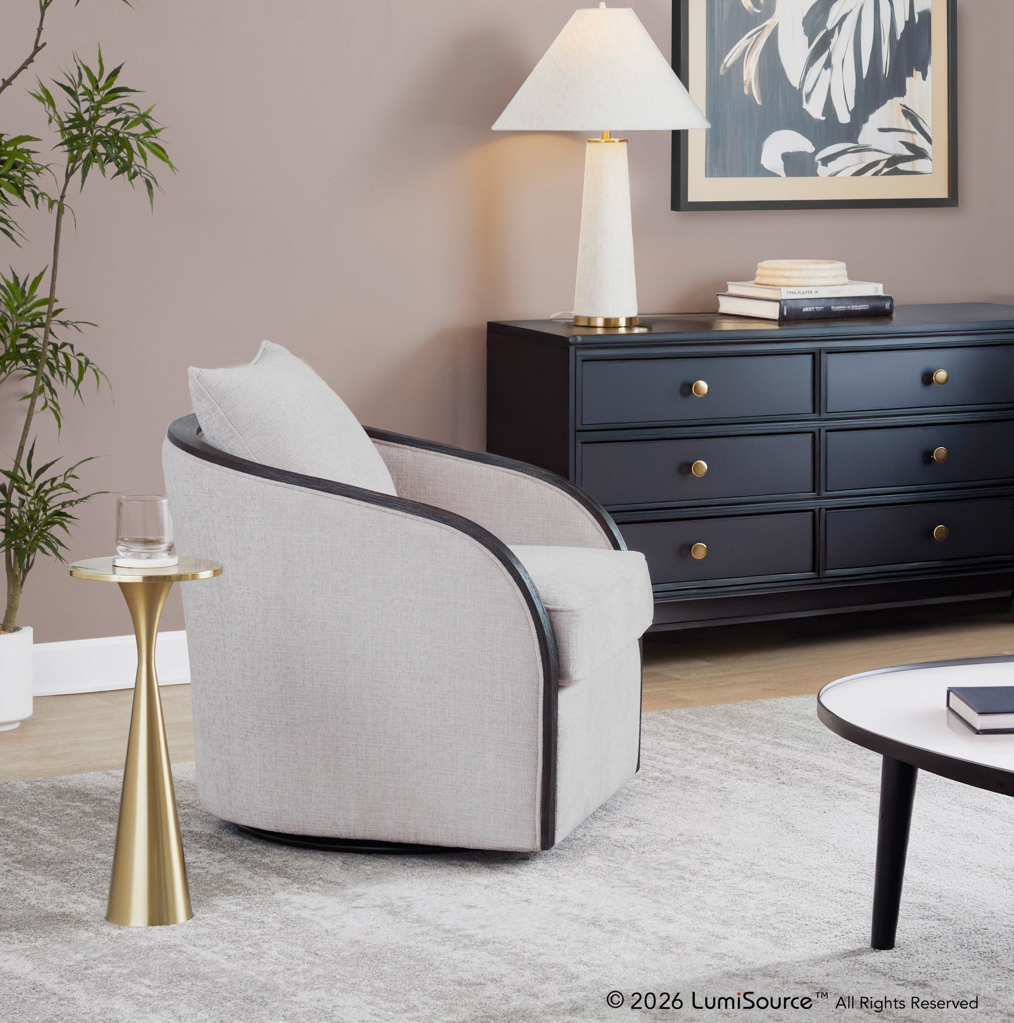 Gemma Swivel Accent Chair - Sand Fabric, Espresso Wood