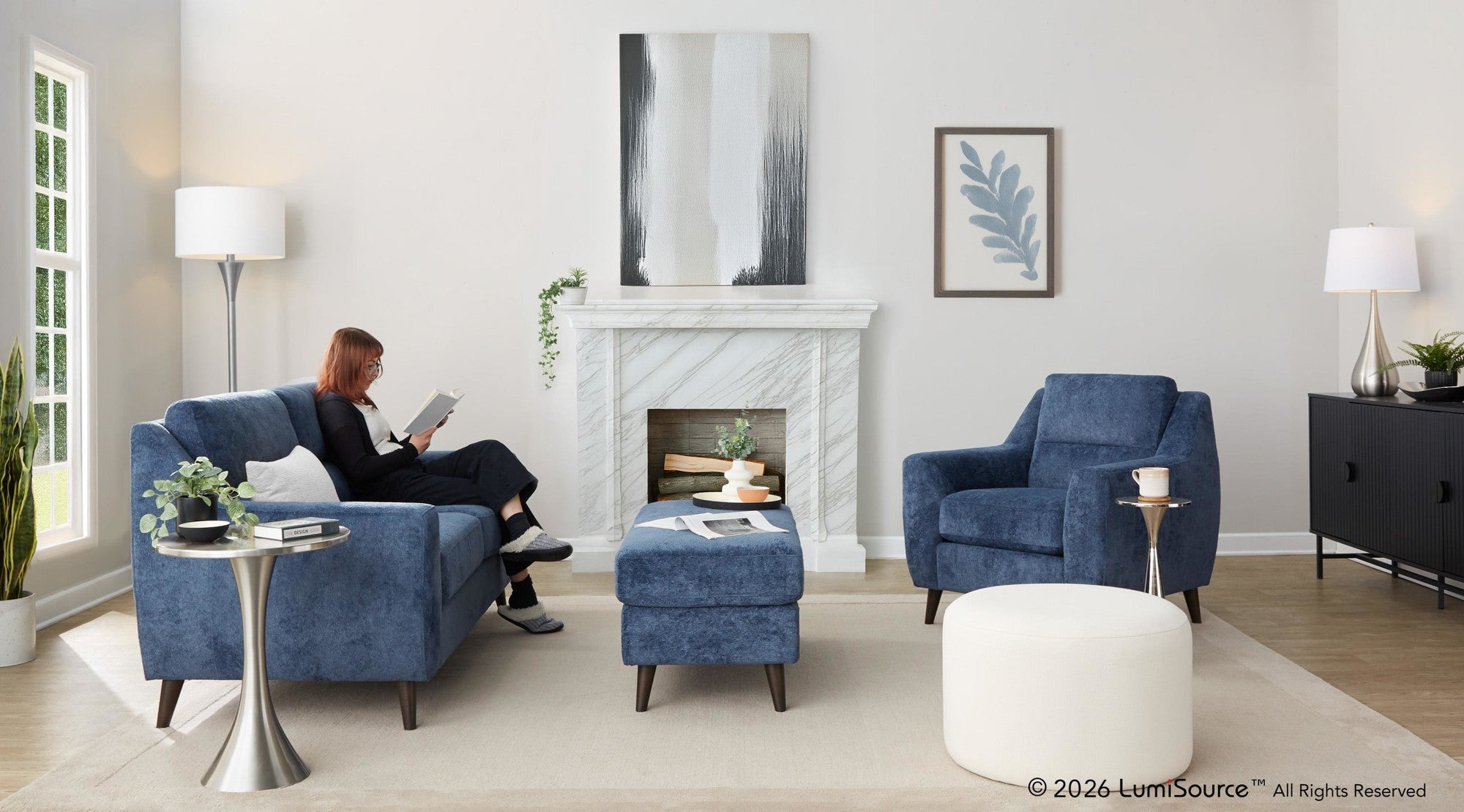 Carly Upholstered Armchair - Espresso Wood, Blue Fabric