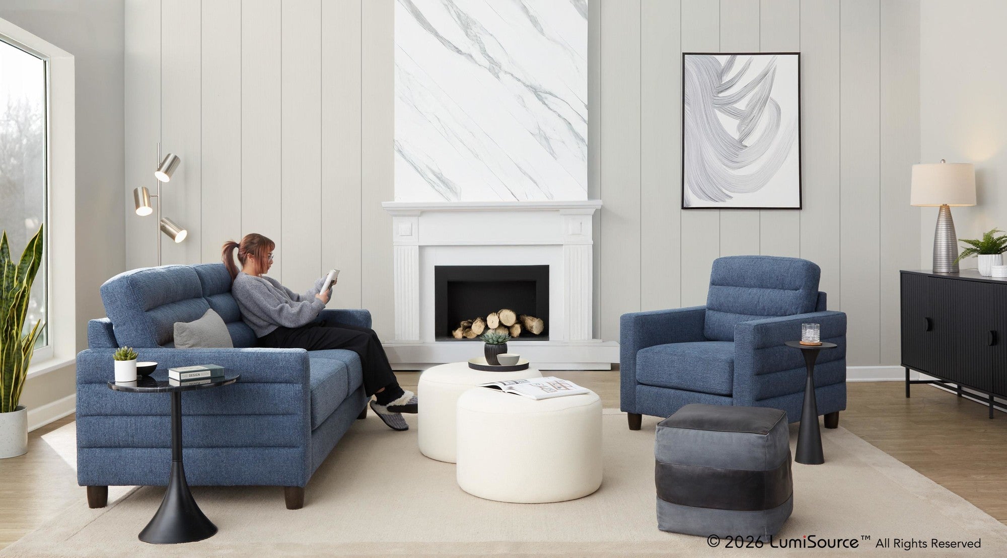 Willow Upholstered Armchair - Espresso Wood, Blue Fabric
