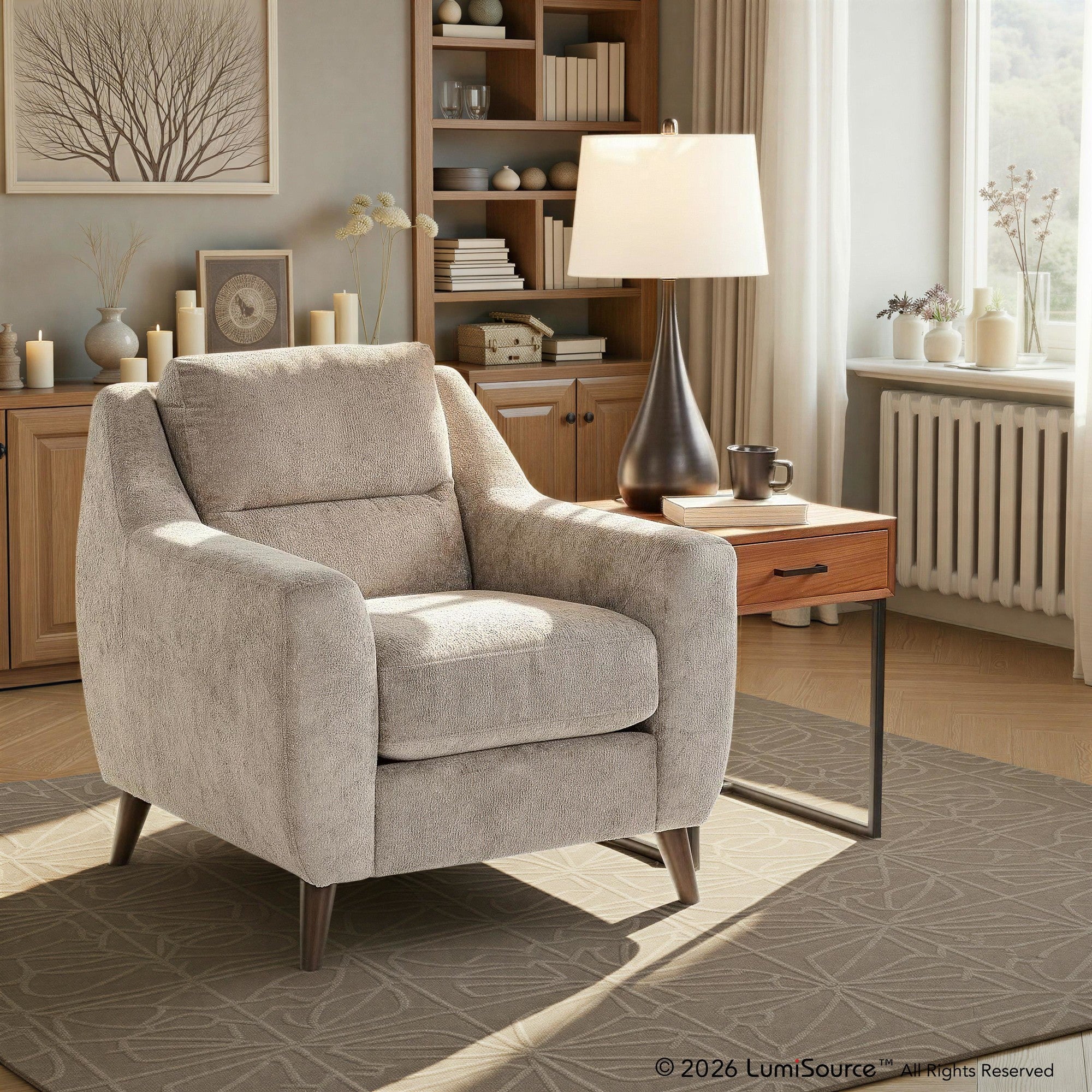 Carly Upholstered Armchair - Espresso Wood, Pewter Fabric