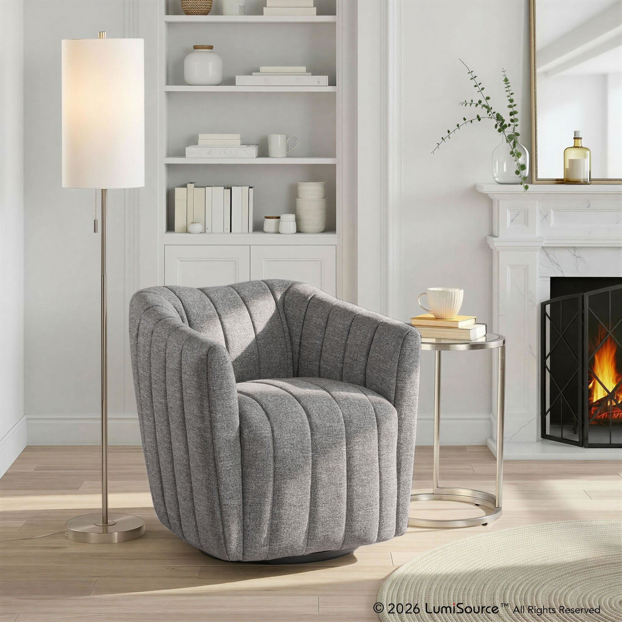 Finley Upholstered Swivel Accent Chair - Grey Fabric, Black Metal