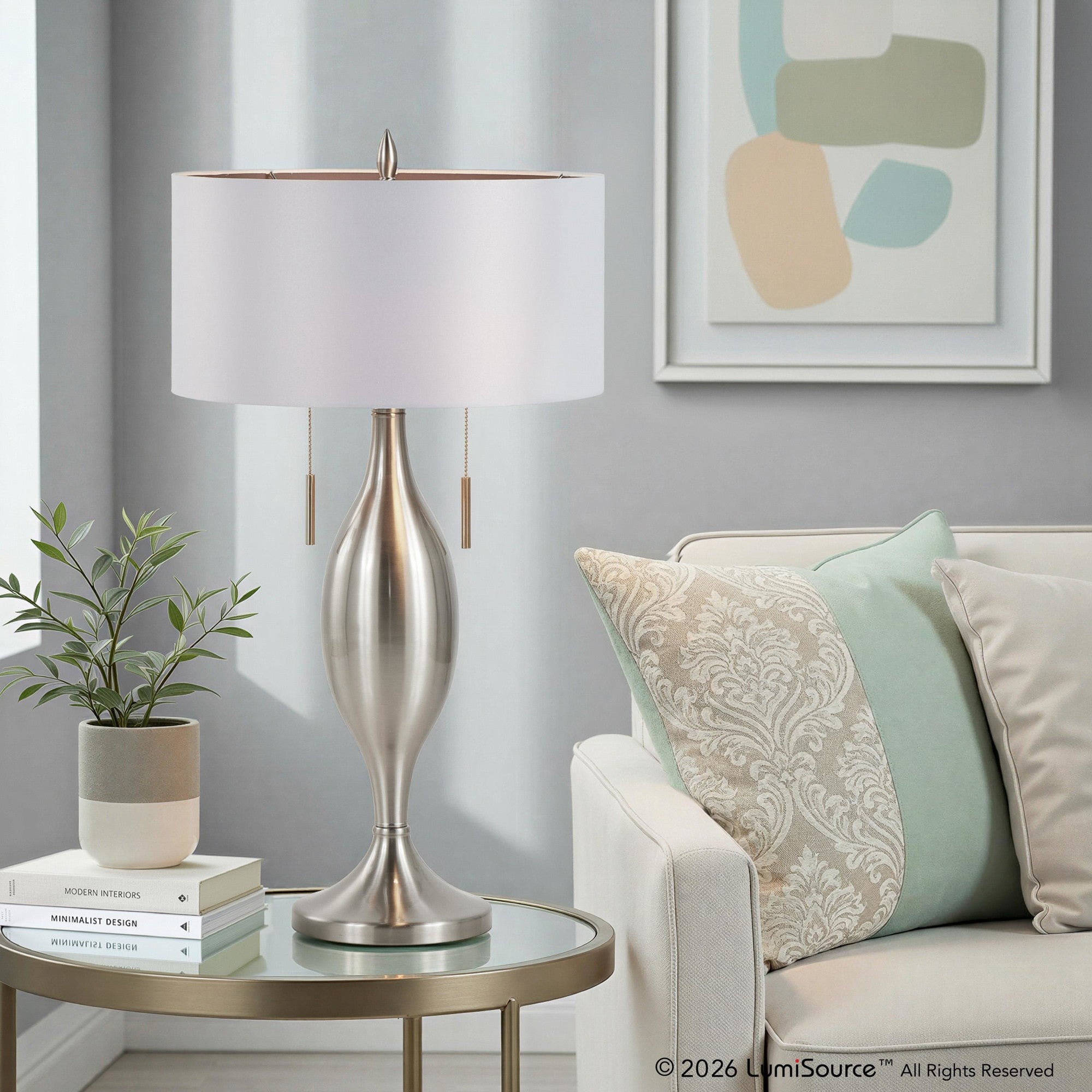 Anabelle 32" Metal Table Lamp - Set of 2 - Brushed Nickel, Light Silver Fabric
