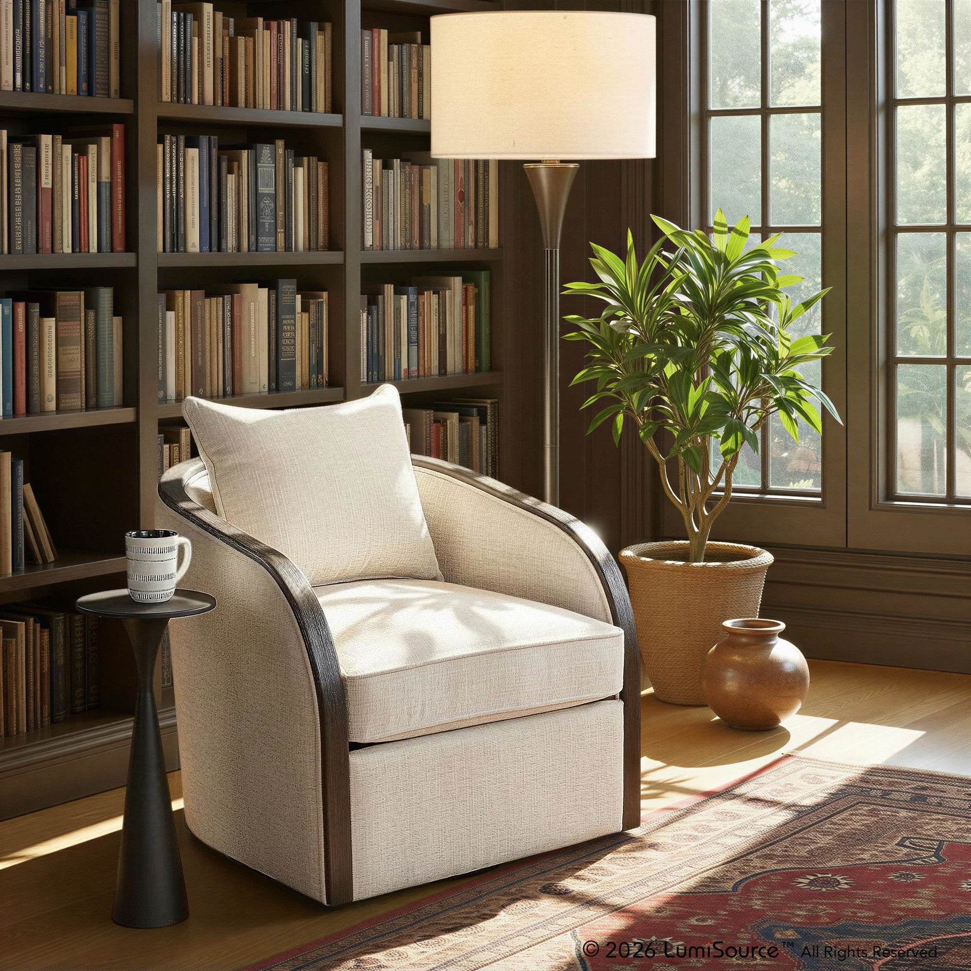 Gemma Swivel Accent Chair - Sand Fabric, Espresso Wood