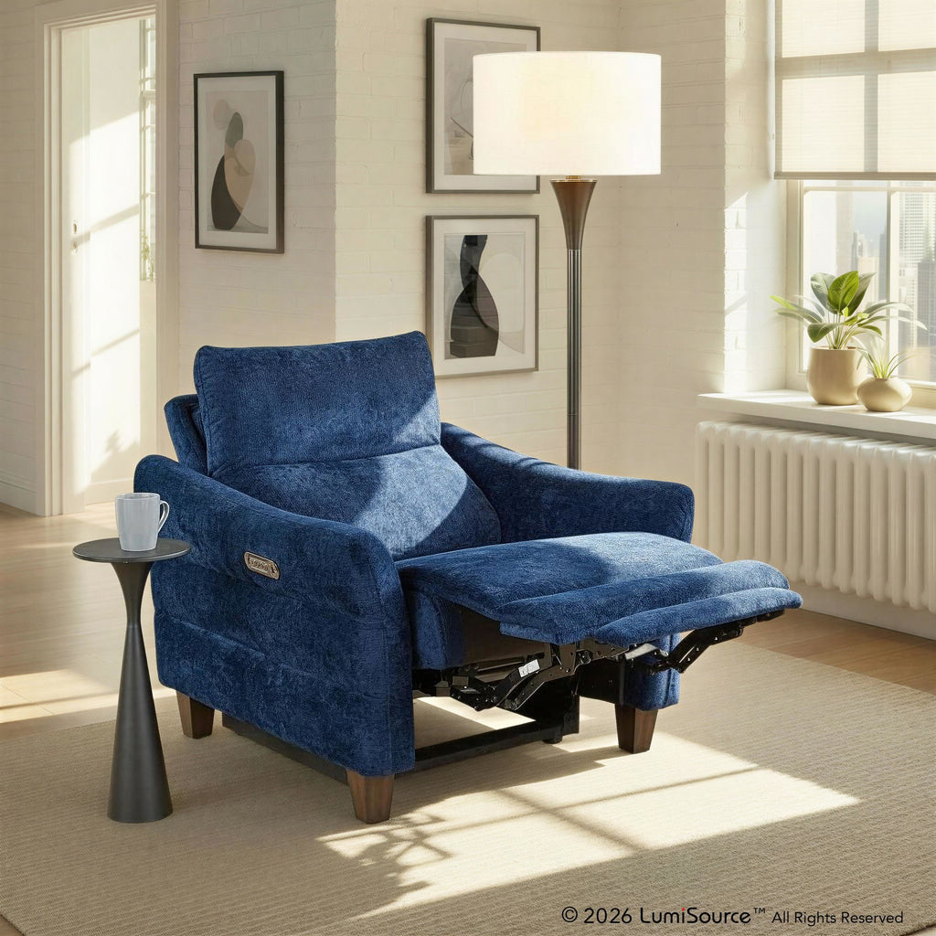 Slope Upholstered Power Recliner - Espresso Wood, Blue Indigo Fabric