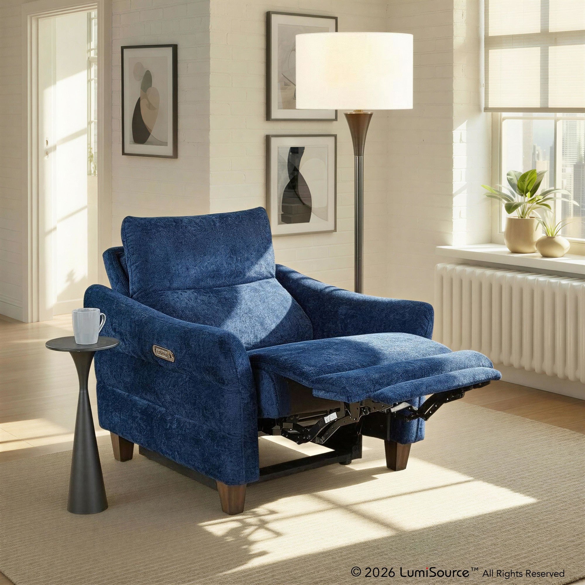 Slope Upholstered Power Recliner - Espresso Wood, Blue Indigo Fabric