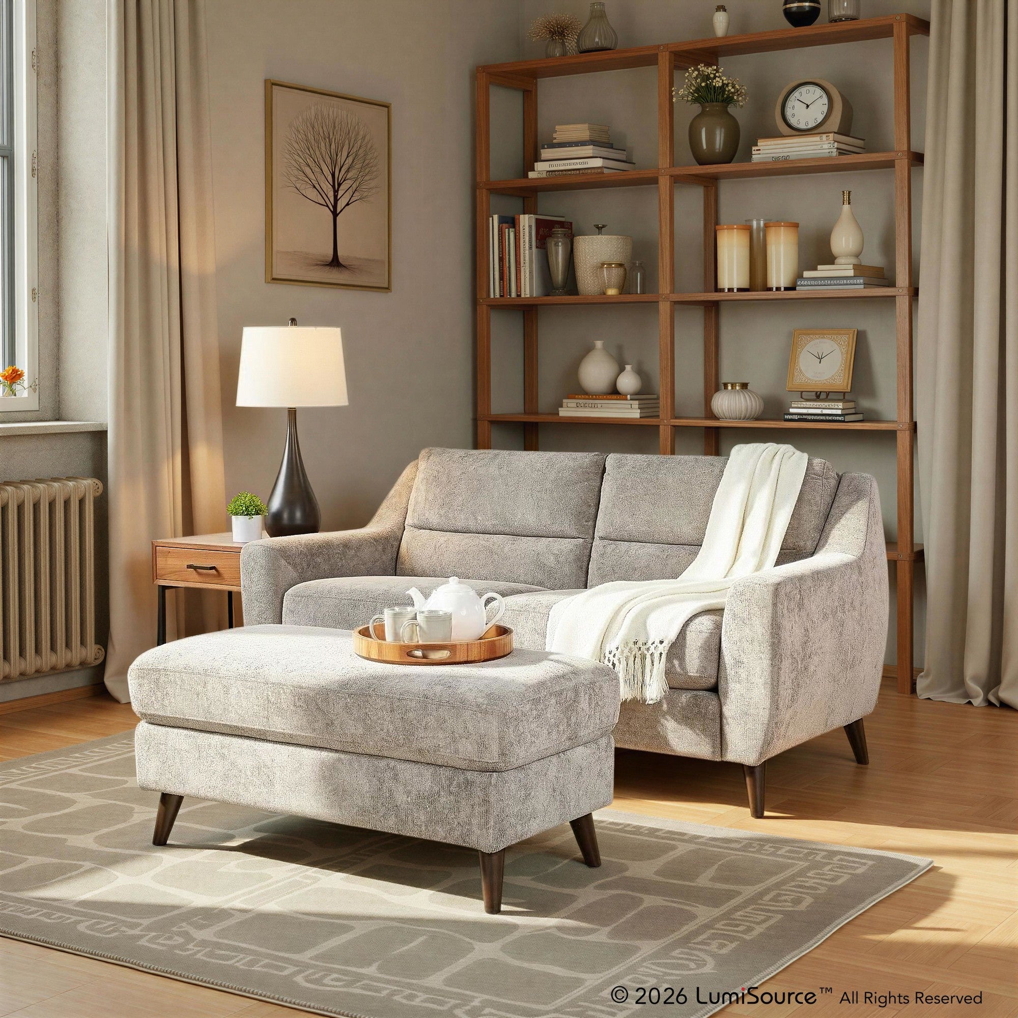 Carly Bench Ottoman - Espresso Wood, Pewter Fabric