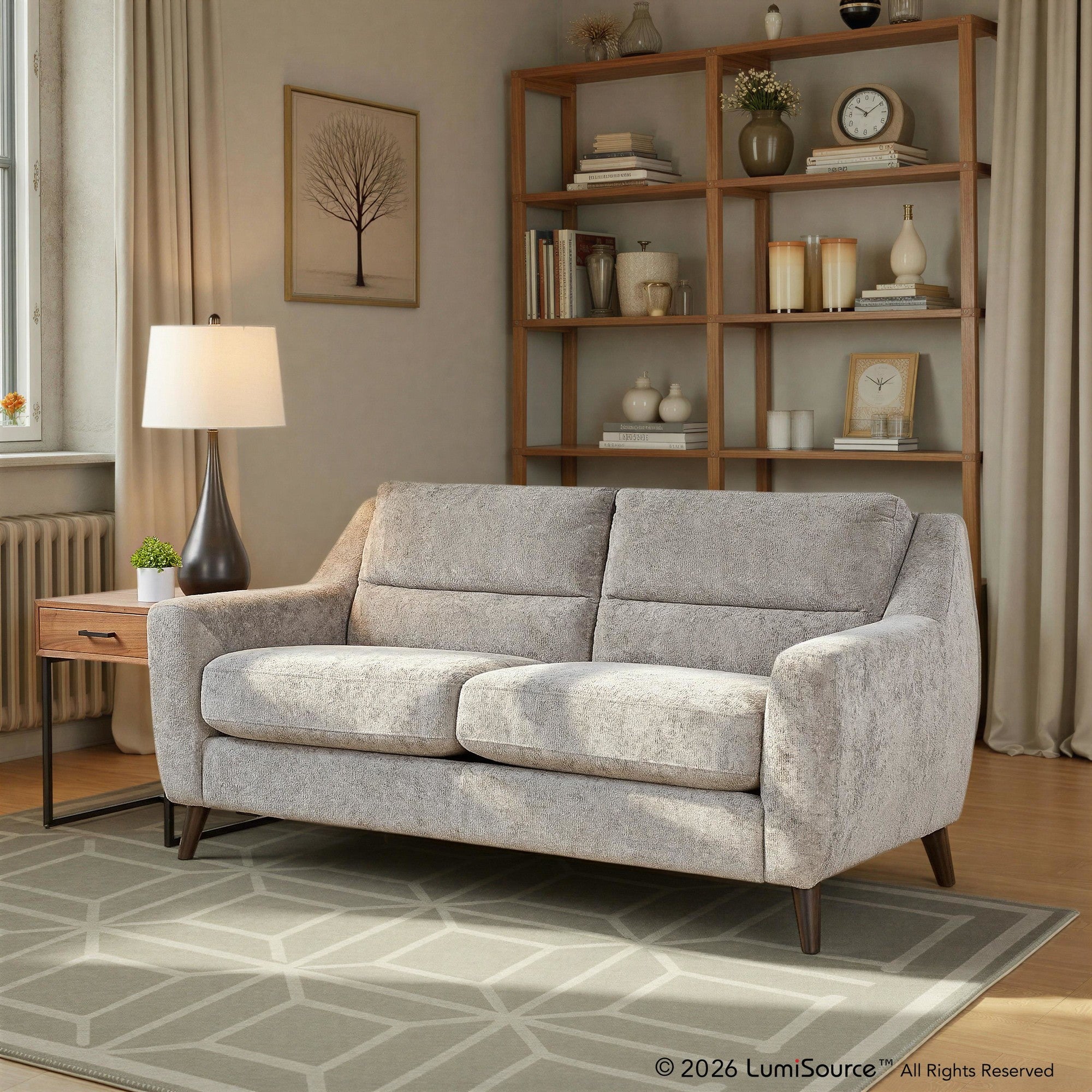 Carly Upholstered Sofa - Espresso Wood, Pewter Fabric
