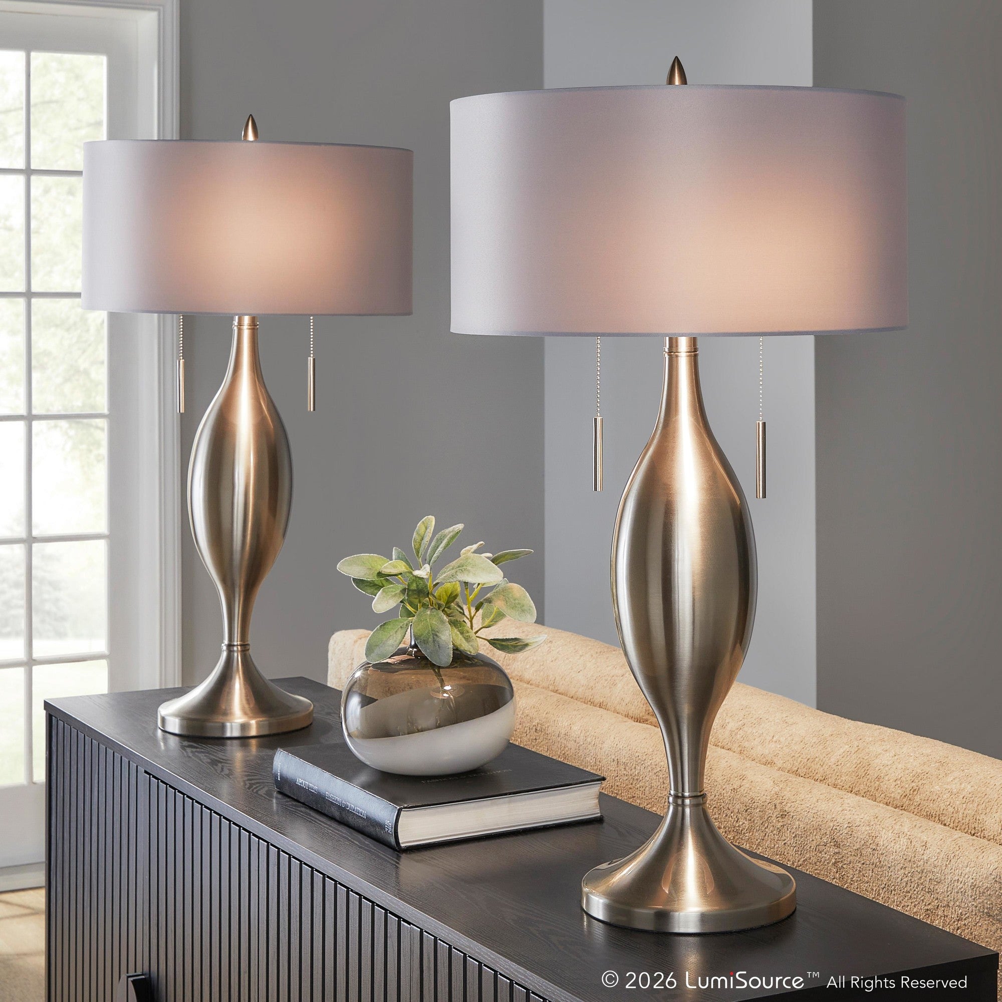 Anabelle 32" Metal Table Lamp - Set of 2 - Brushed Nickel, Light Silver Fabric