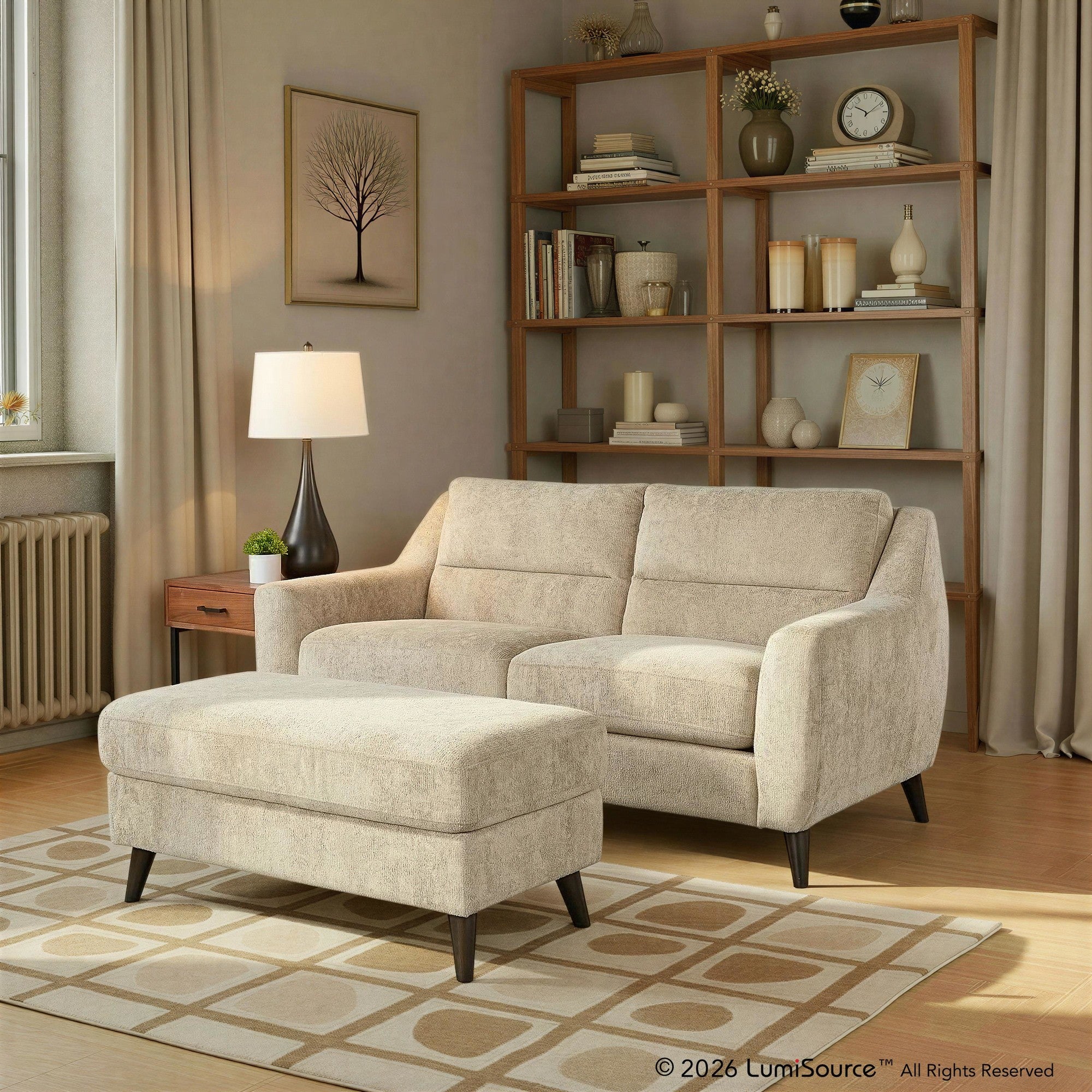Carly Bench Ottoman - Espresso Wood, Beige Fabric