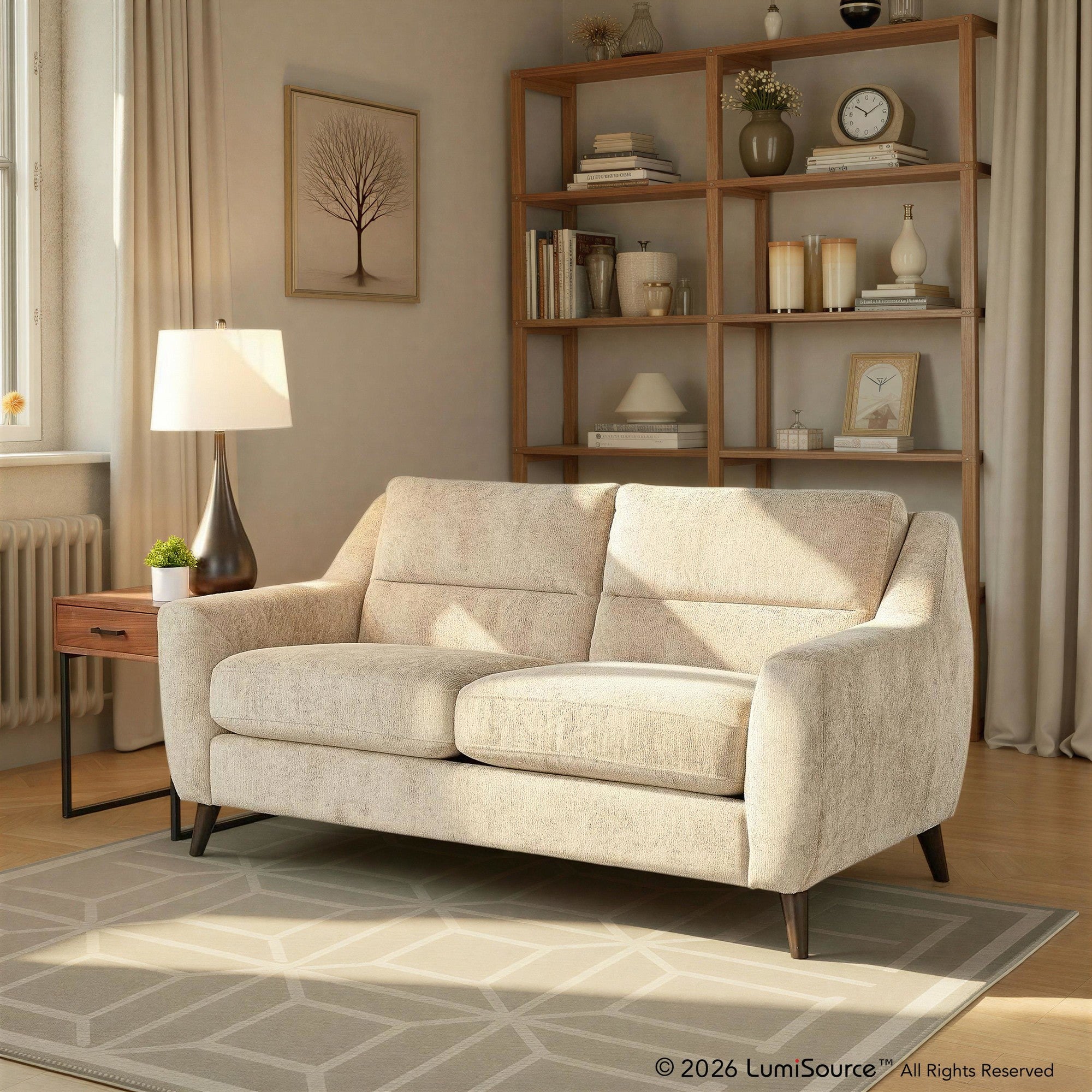 Carly Upholstered Sofa - Espresso Wood, Beige Fabric