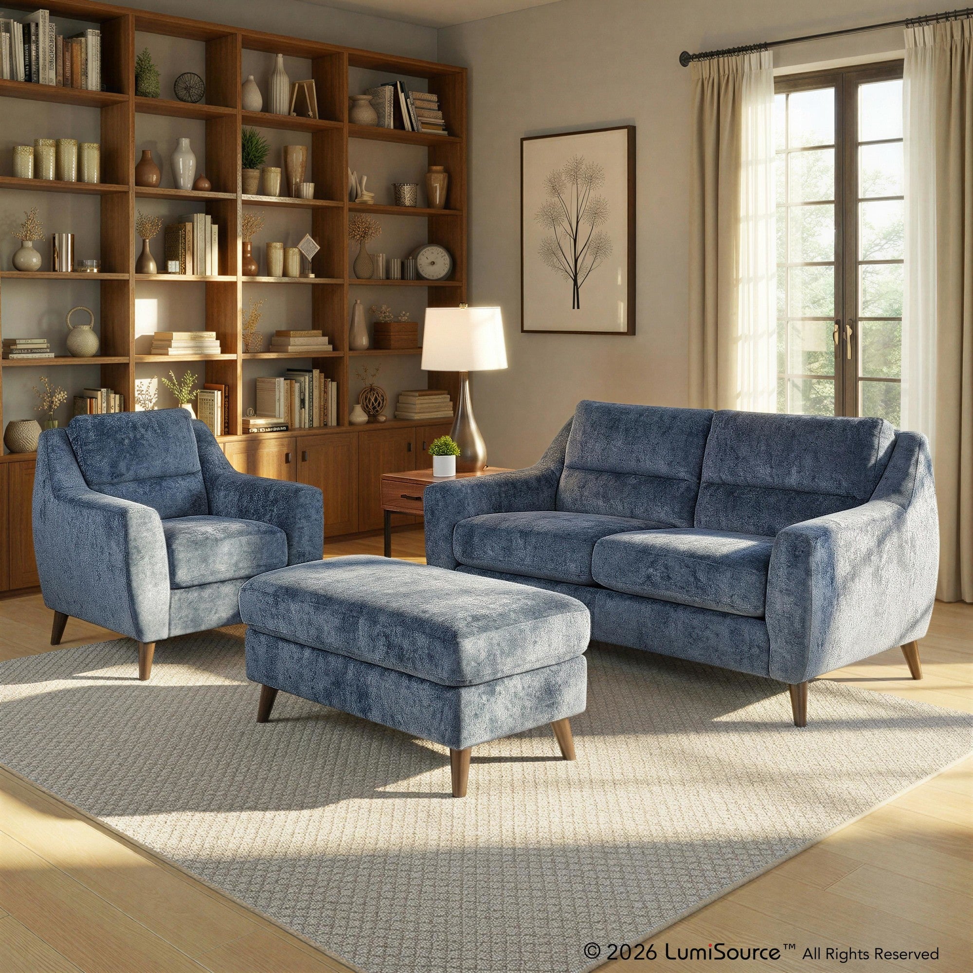 Carly Bench Ottoman - Espresso Wood, Blue Fabric