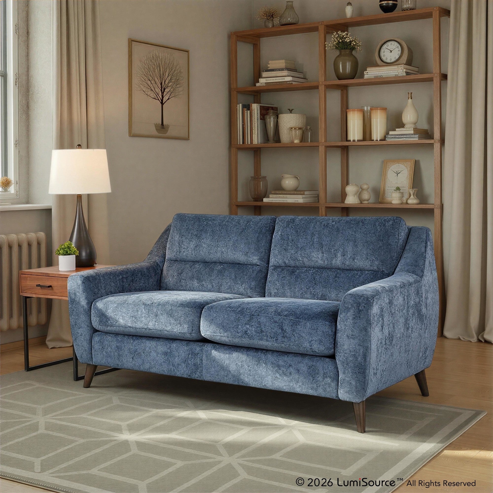 Carly Upholstered Sofa - Espresso Wood, Blue Fabric
