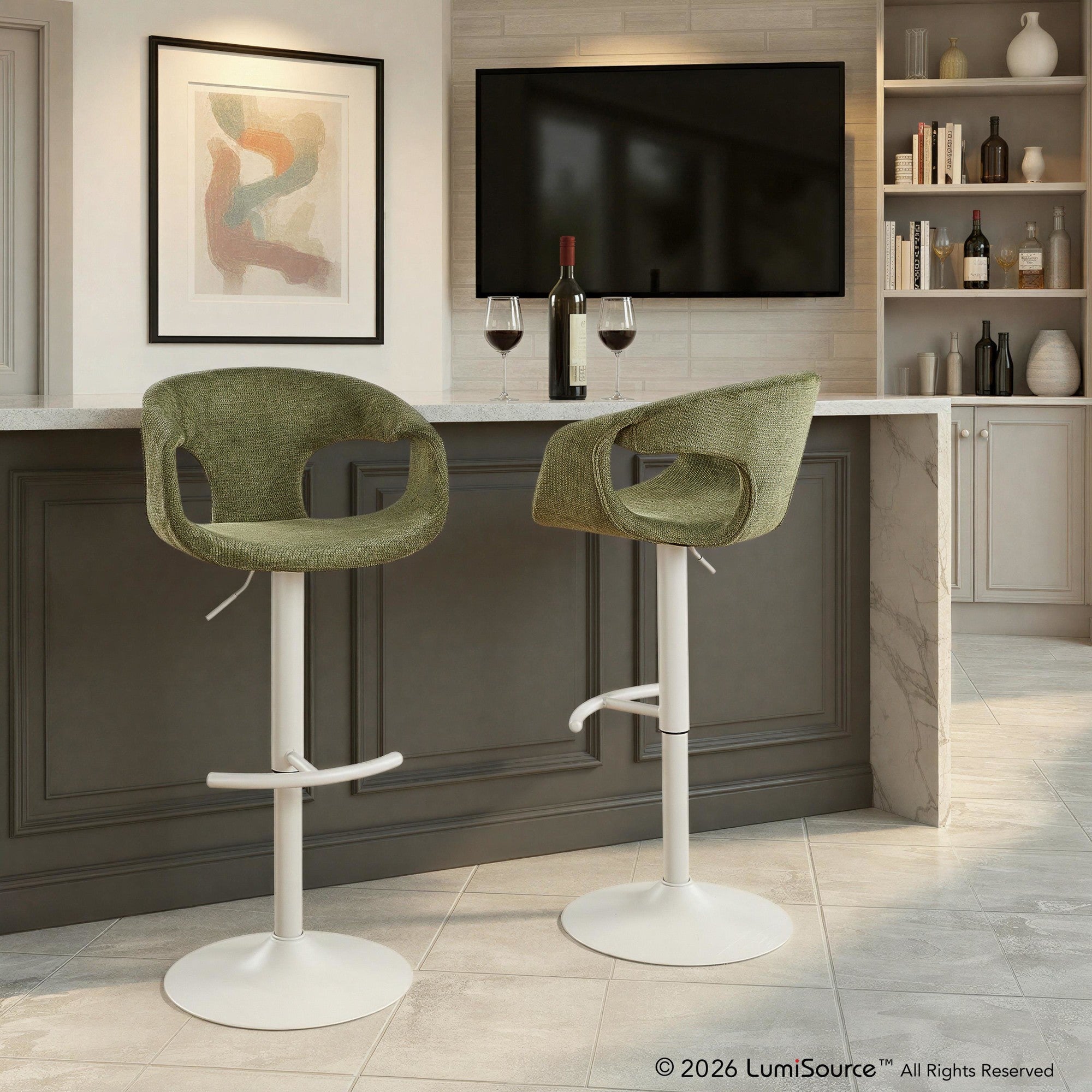 Curva Adjustable Barstool - Set of 2 - Pearl Grey Metal, Green Fabric