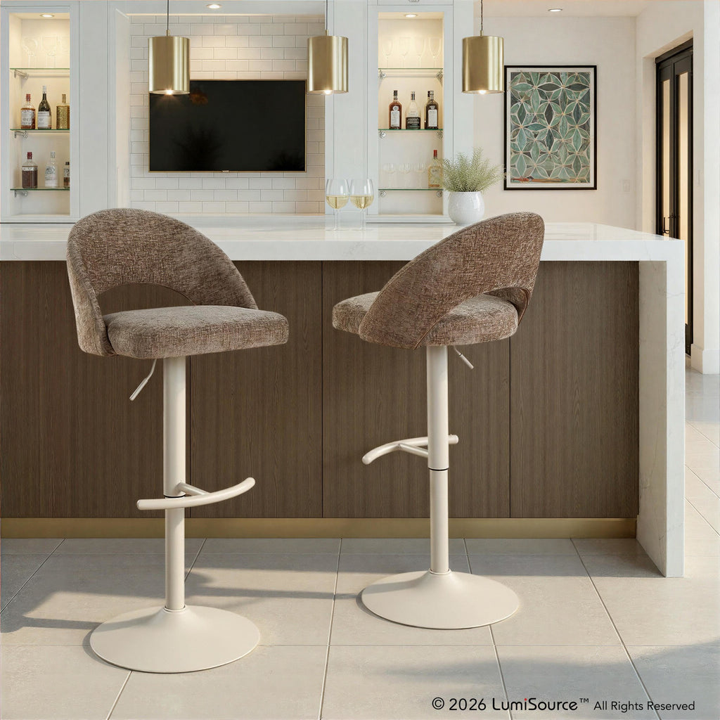 Renee Adjustable Barstool - Set of 2 - Pearl Grey Metal, Brown Fabric