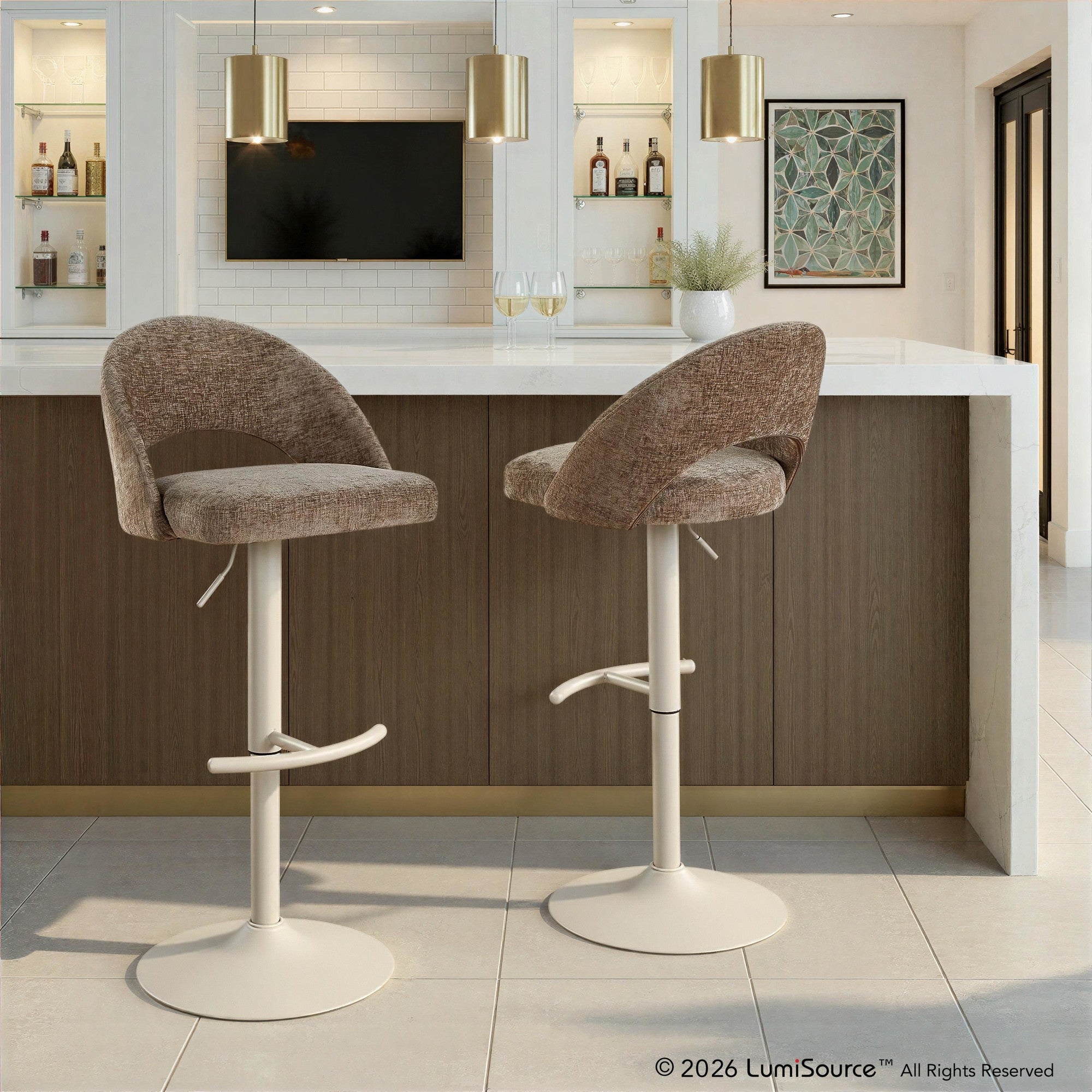 Renee Adjustable Barstool - Set of 2 - Pearl Grey Metal, Brown Fabric